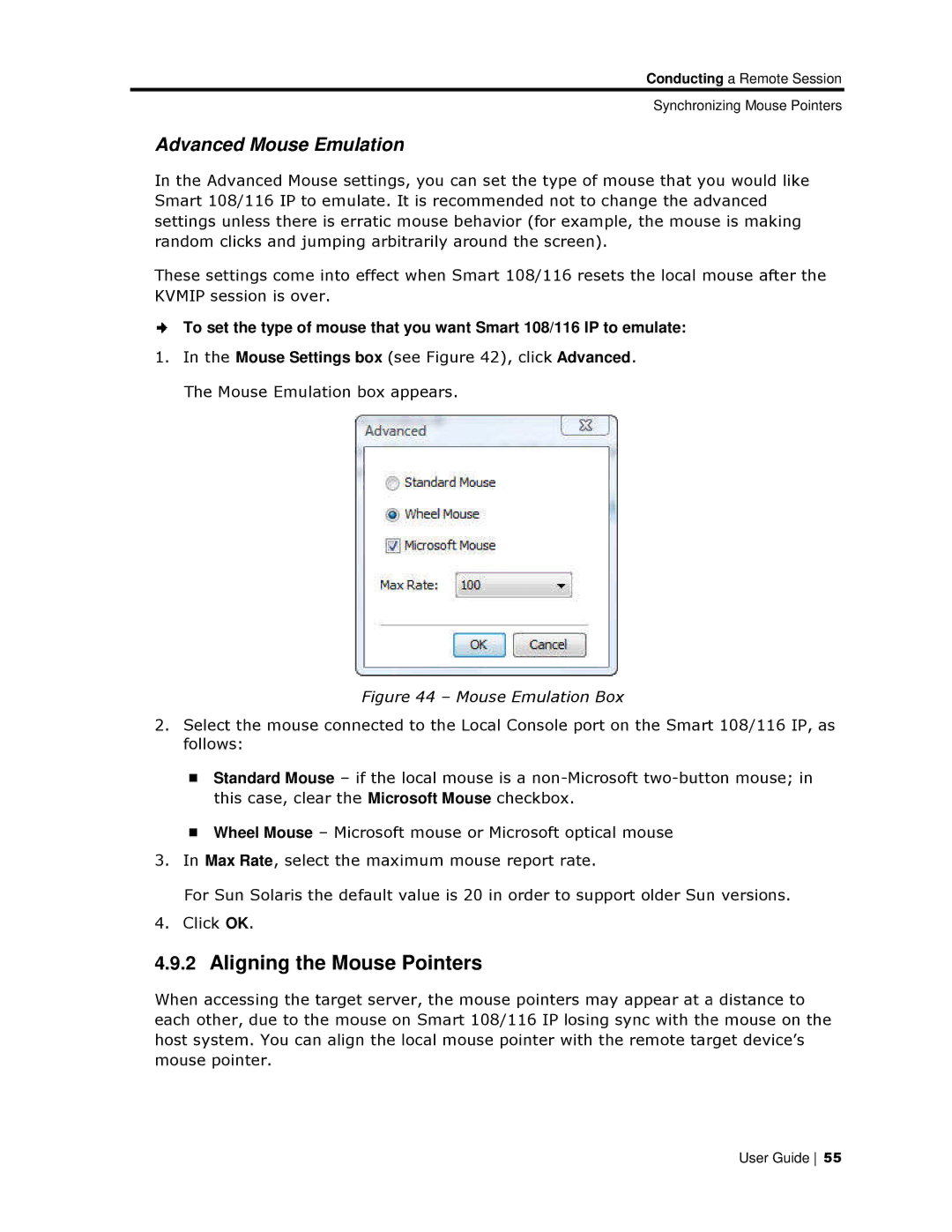 Minicom Advanced Systems 108/116 IP, 108 IP manual Aligning the Mouse Pointers, Advanced Mouse Emullation 