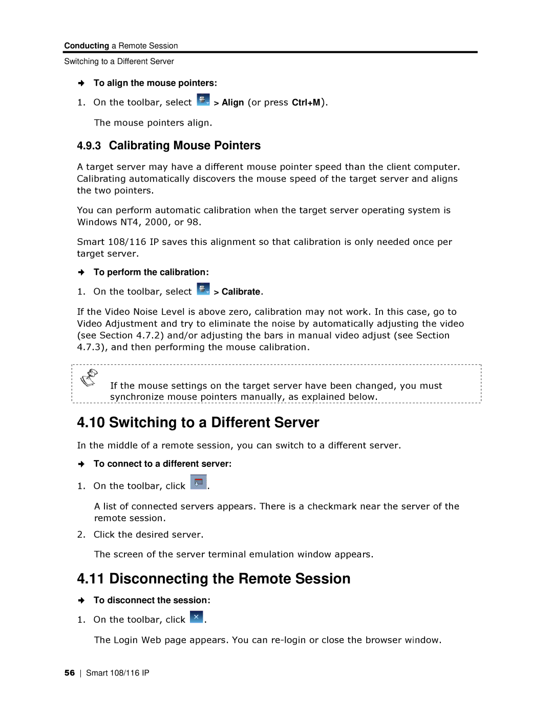 Minicom Advanced Systems 108 IP, 108/116 IP manual Switching to a Different Server, Disconnecting the Remote Session 