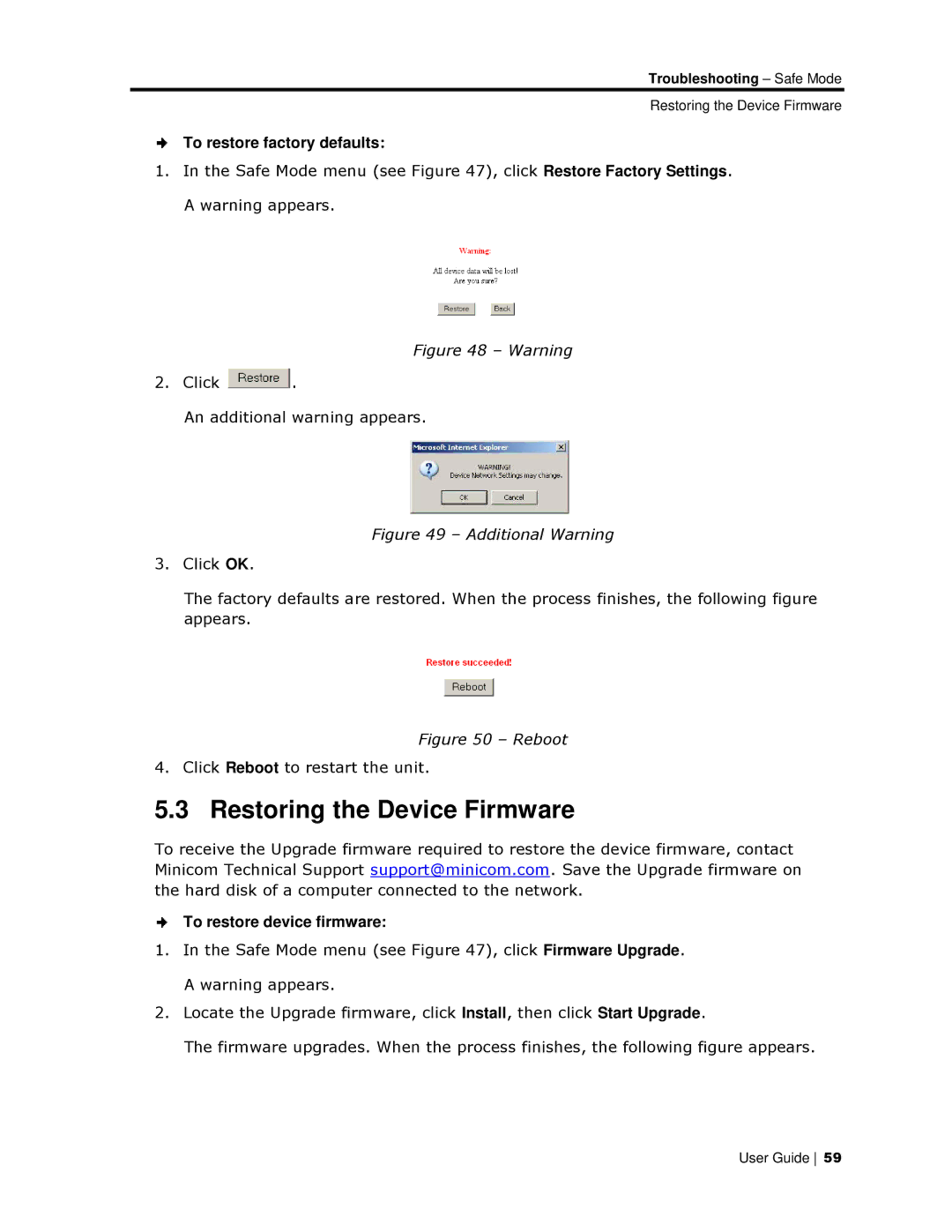 Minicom Advanced Systems 108/116 IP, 108 IP manual Restoring the Device Firmware, To restore factory defauults 