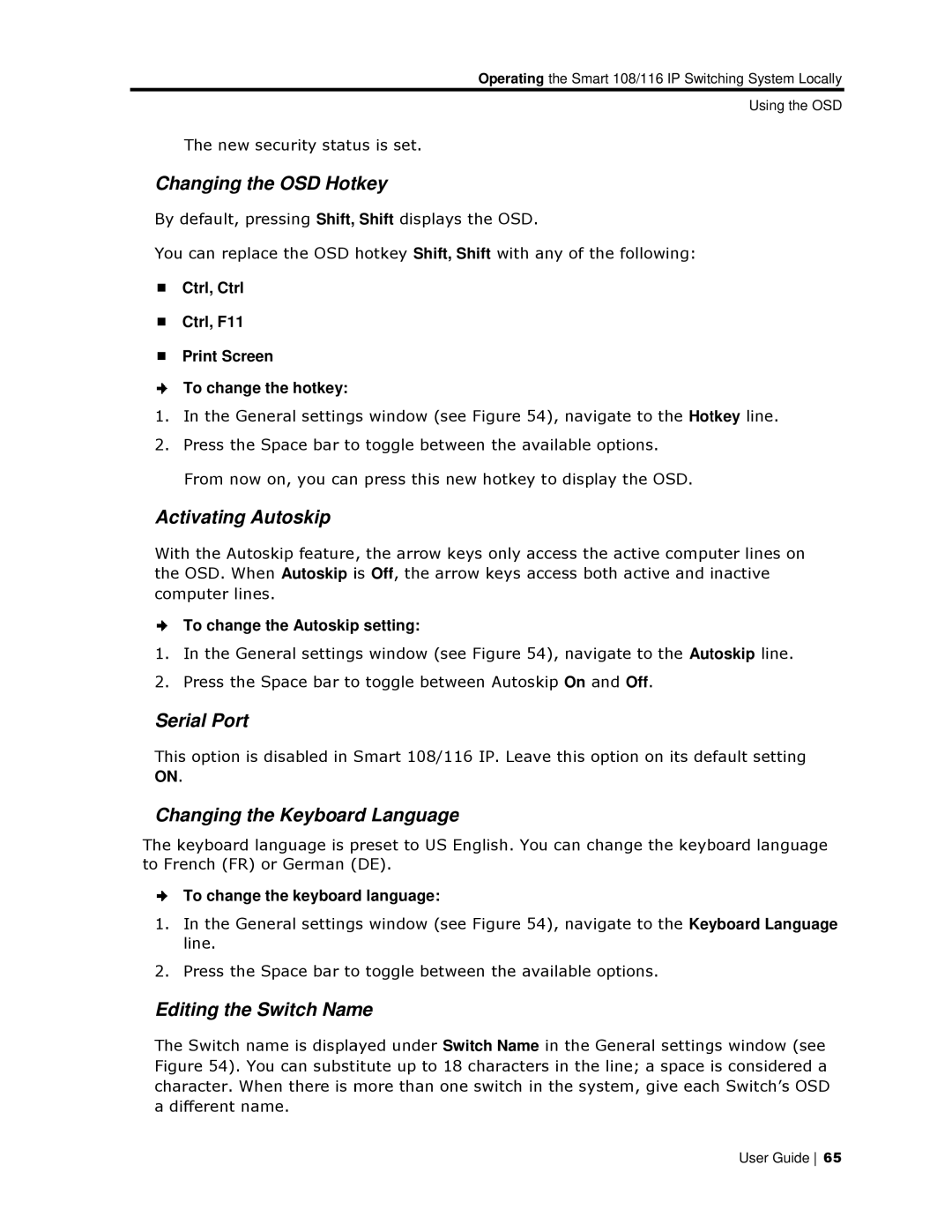 Minicom Advanced Systems 108/116 IP Changing the OSD Hotkey, Activating Autoskip, Serial Port, Editing the Switch Namme 