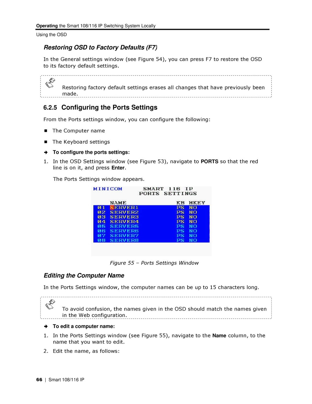 Minicom Advanced Systems 108 IP, 108/116 IP manual Configuring the Ports Settings, Restoring OSD to Factoryy Defaults F7 