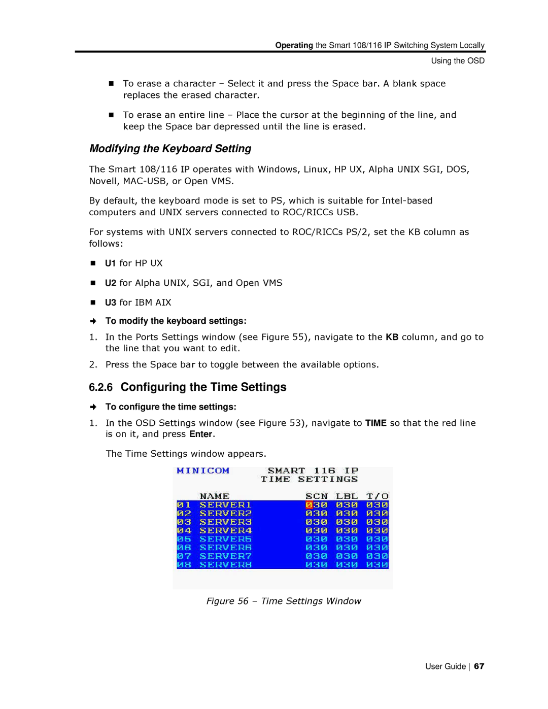 Minicom Advanced Systems 108/116 IP, 108 IP manual Configuring thee Time Settings, Modifying the Keyboard Setting 