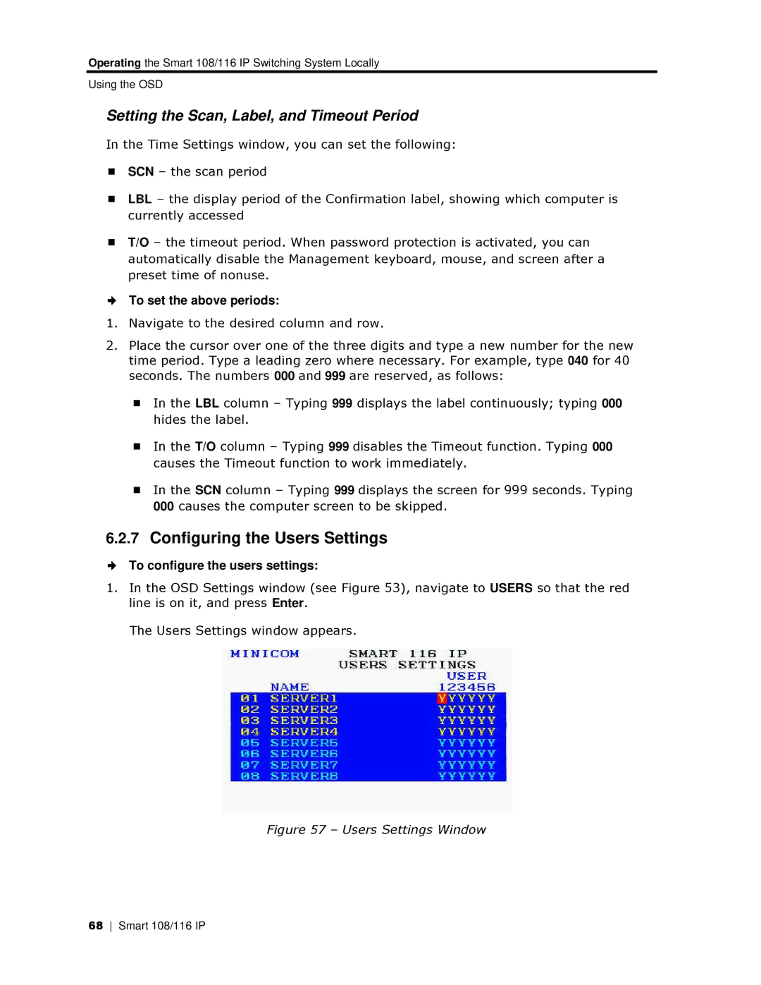 Minicom Advanced Systems 108 IP, 108/116 IP Configuring the U sers Settings, Setting the Scan, Label, and Timeout Period 