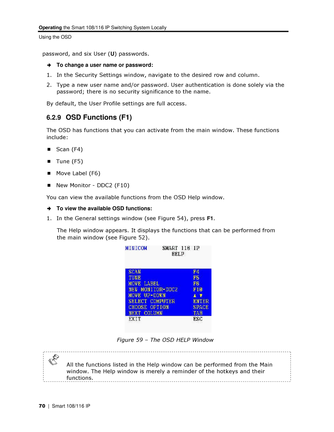 Minicom Advanced Systems 108 IP OSD Functions F, To change a user name or password, To view the available OSD functions 