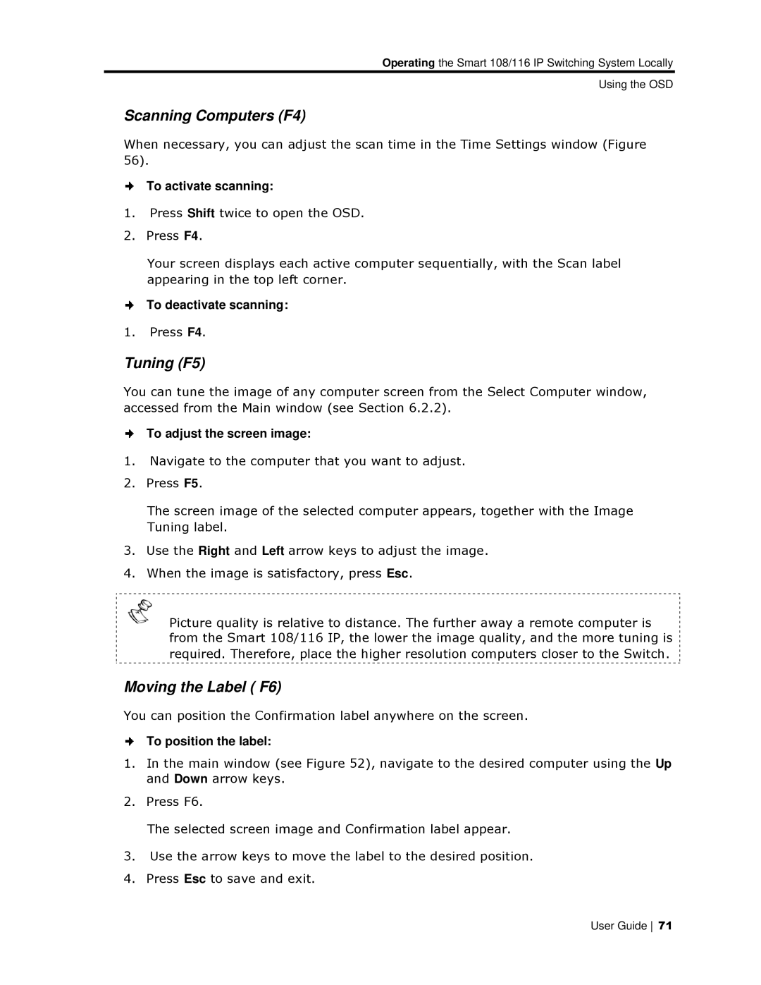 Minicom Advanced Systems 108/116 IP, 108 IP manual Scanning Computers F4, Tuning F5, Moving the Label F6 