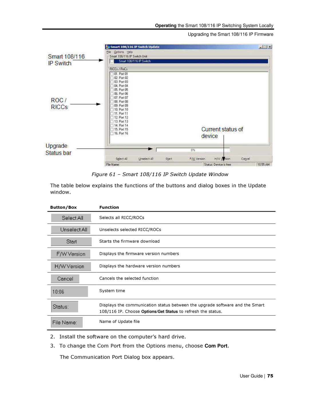 Minicom Advanced Systems 108 IP manual Smart 108/116 IP Switch Update Window, Button/Box Function 