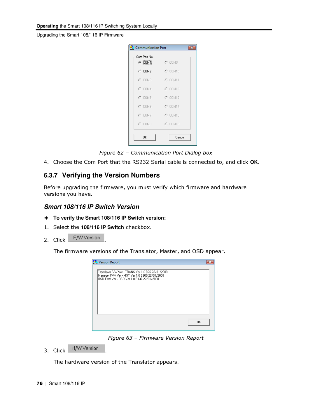 Minicom Advanced Systems 108 IP manual Verifying the Verssion Numbers, Smart 108/116 IP Switch Version 