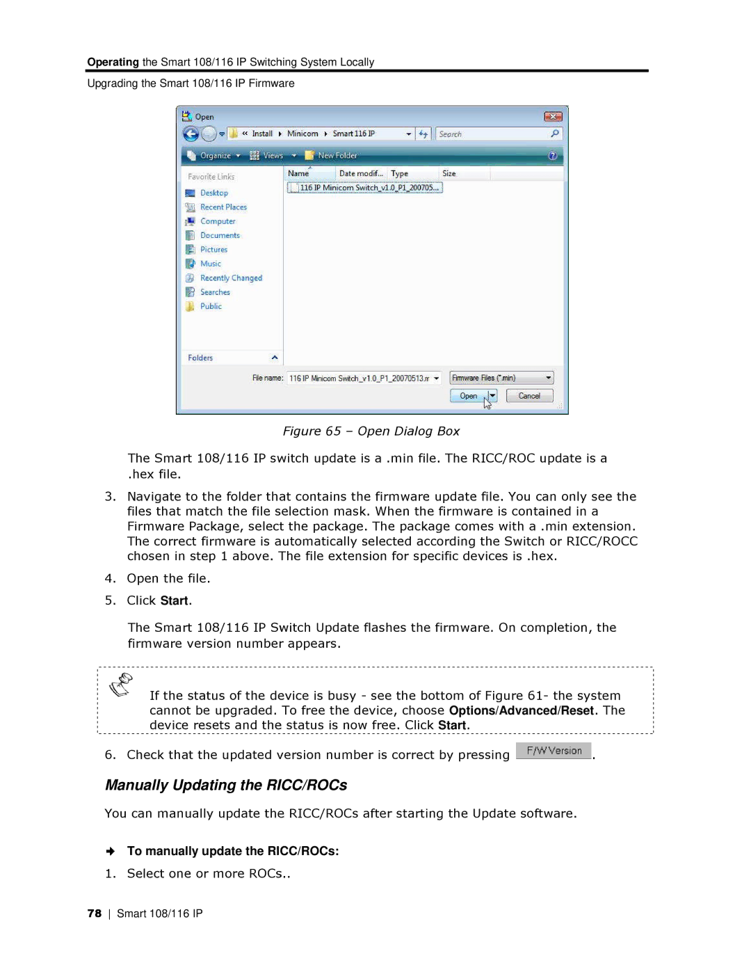 Minicom Advanced Systems 108 IP, 108/116 IP Manually Updating the RICC/ROCs, To manually update the RICC/ROCs 