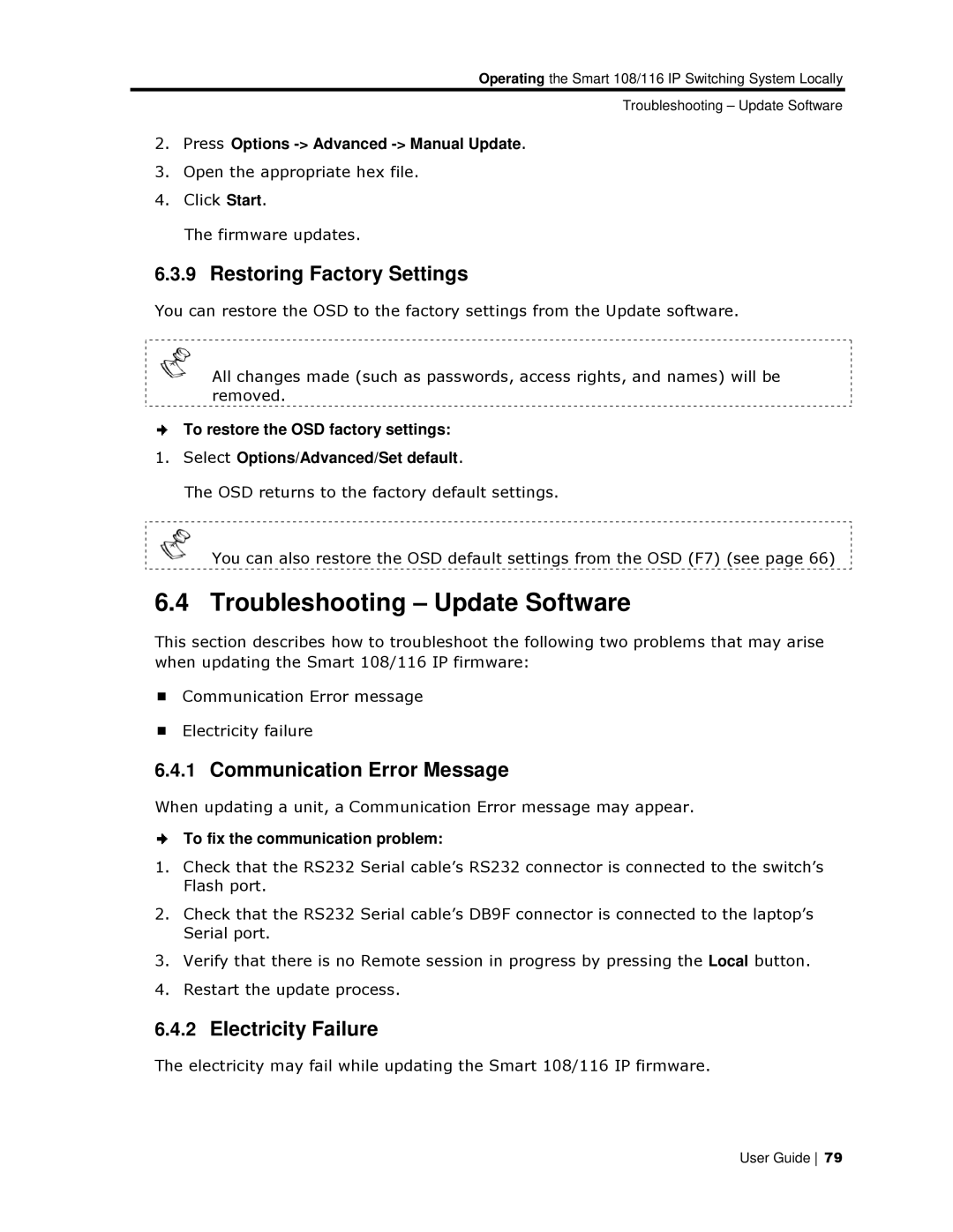 Minicom Advanced Systems 108/116 IP Troubleshoooting Update Software, Communicationn Error Message, Electricity Failuure 