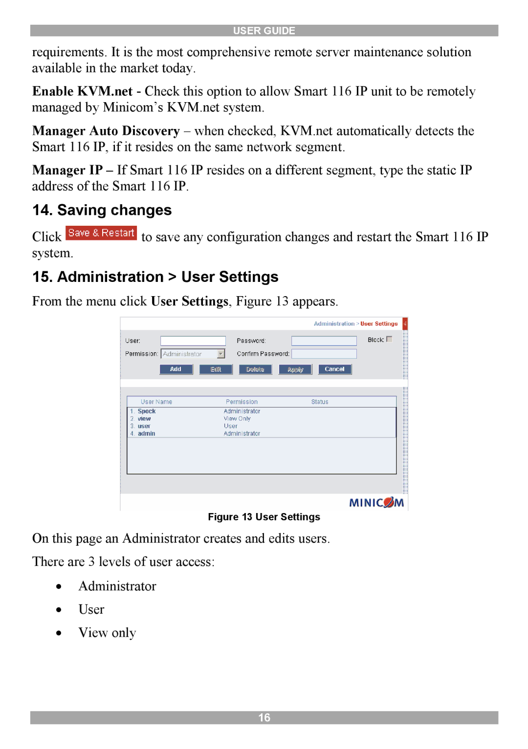 Minicom Advanced Systems 116 IP manual Saving changes, Administration User Settings 