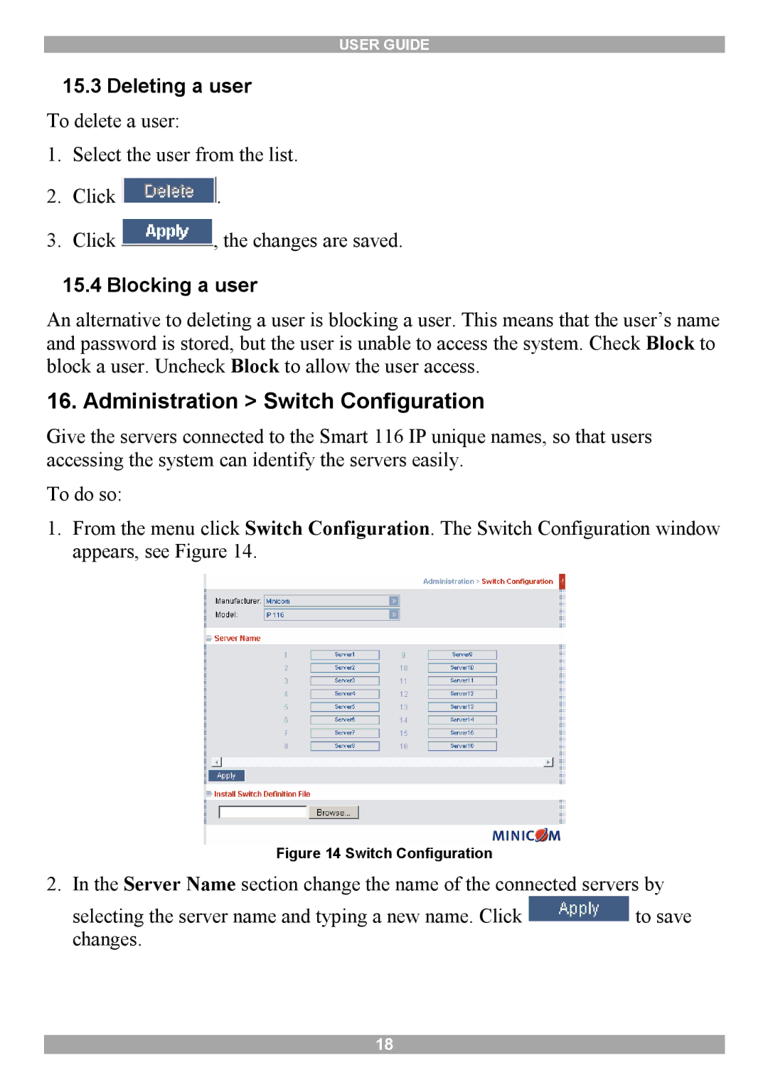 Minicom Advanced Systems 116 IP manual Administration Switch Configuration, Deleting a user, Blocking a user 