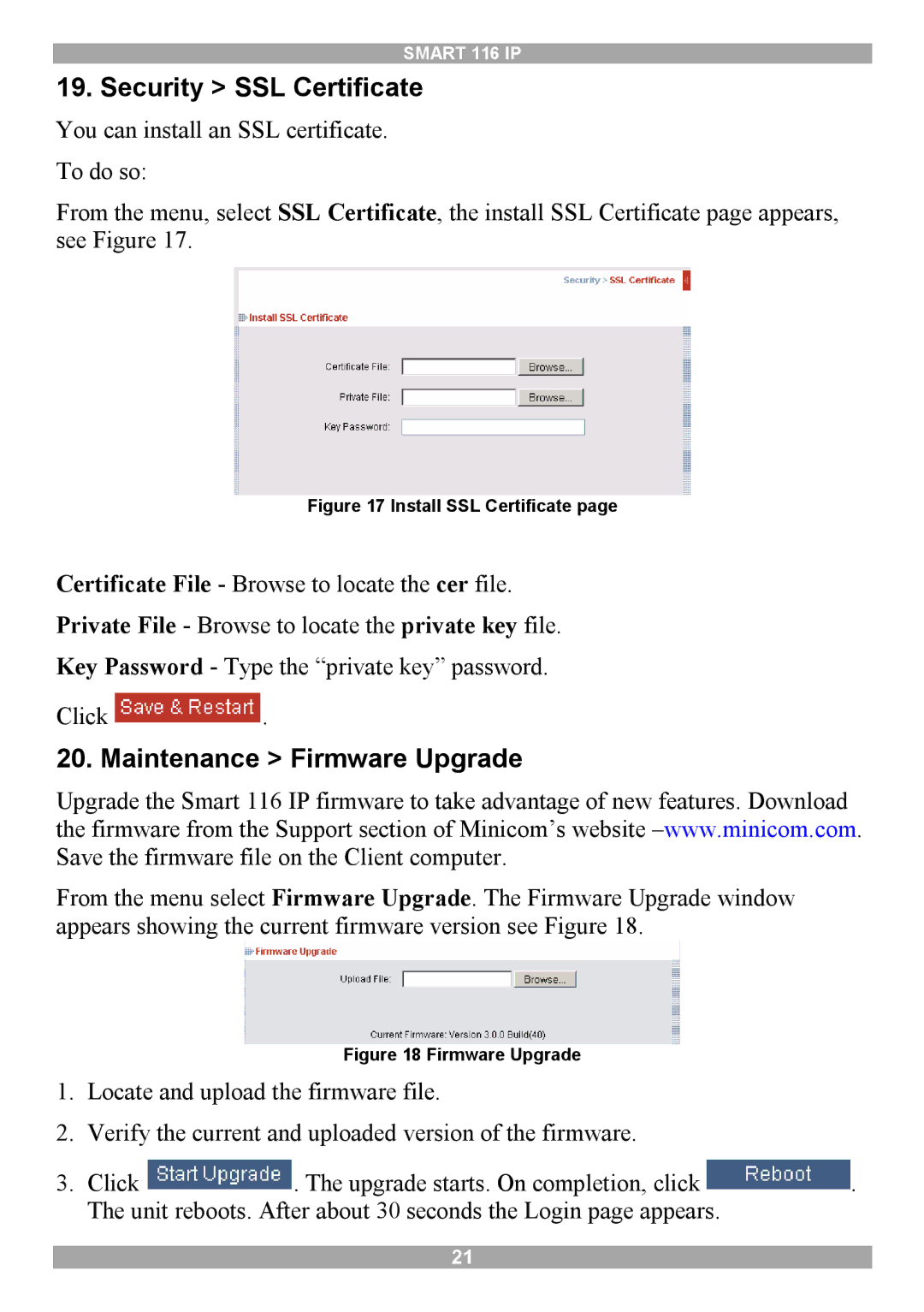 Minicom Advanced Systems 116 IP manual Security SSL Certificate, Maintenance Firmware Upgrade 