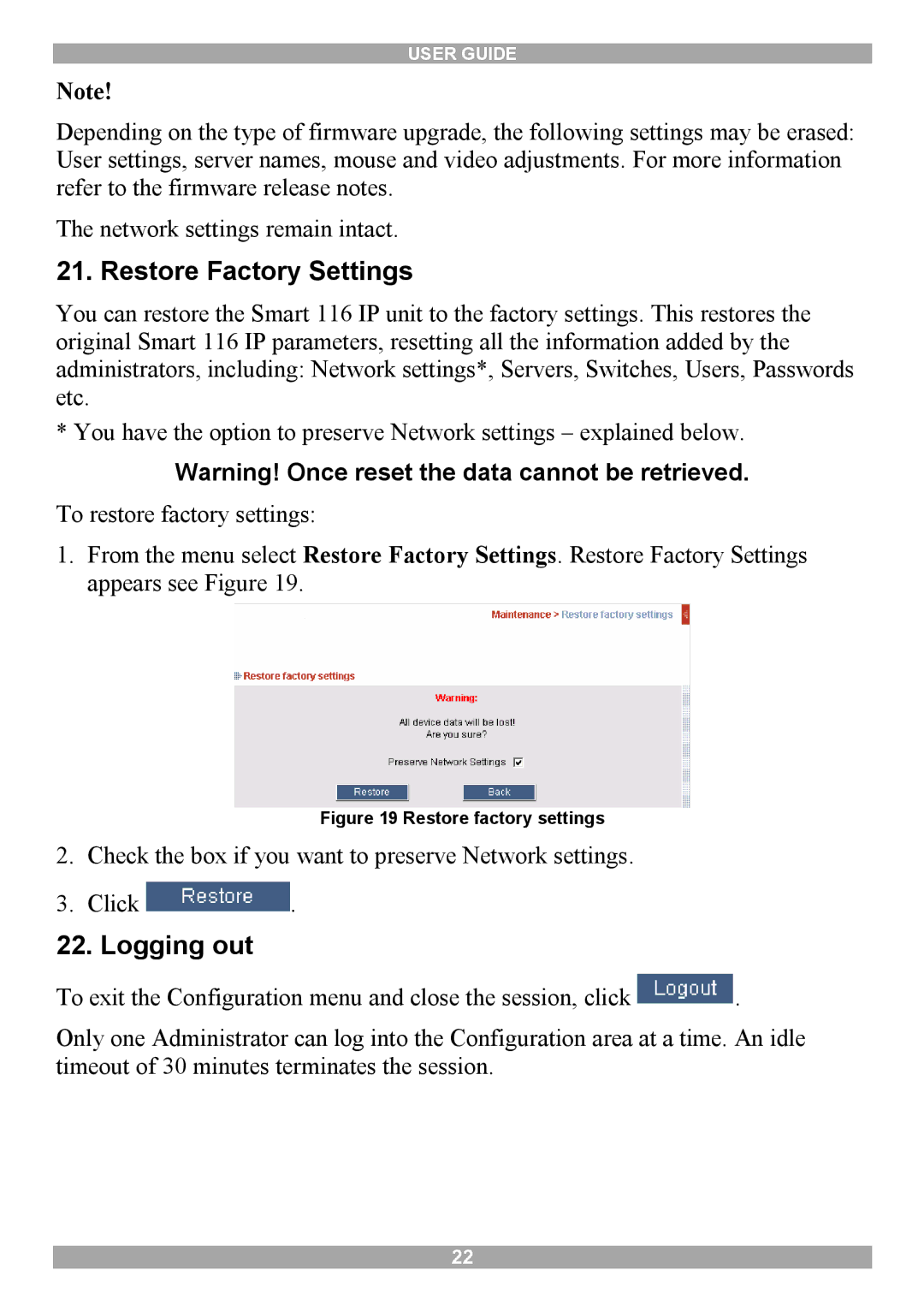 Minicom Advanced Systems 116 IP manual Restore Factory Settings, Logging out 