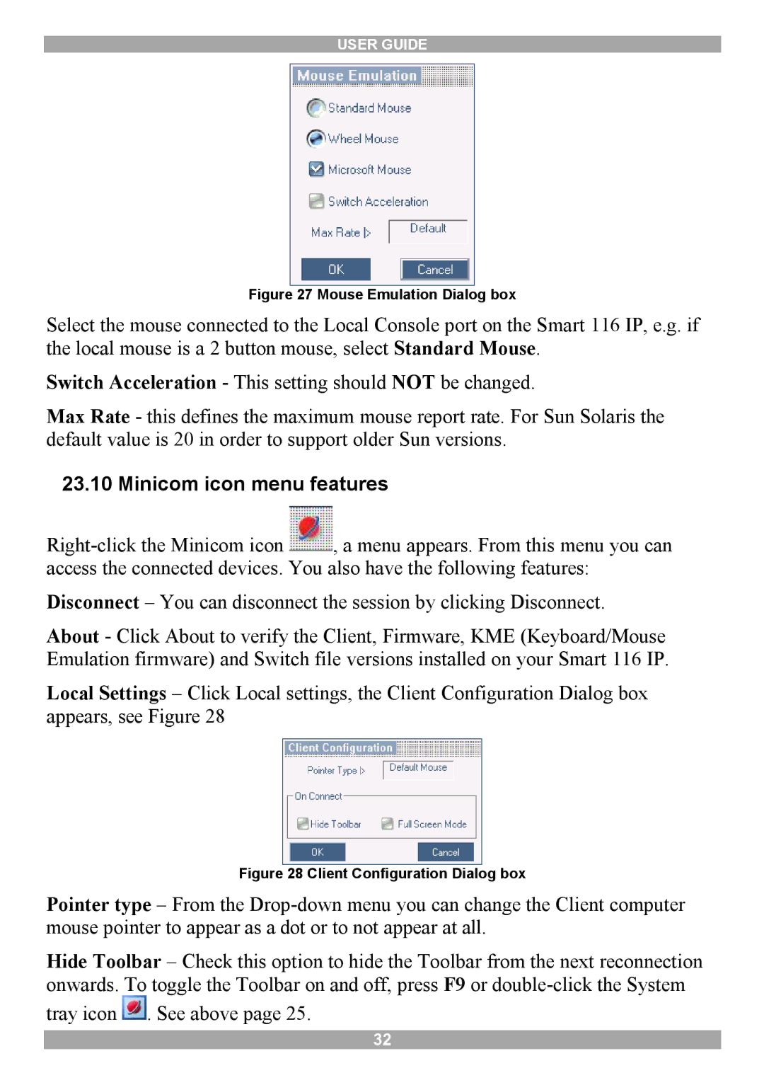 Minicom Advanced Systems 116 IP manual Minicom icon menu features, Mouse Emulation Dialog box 