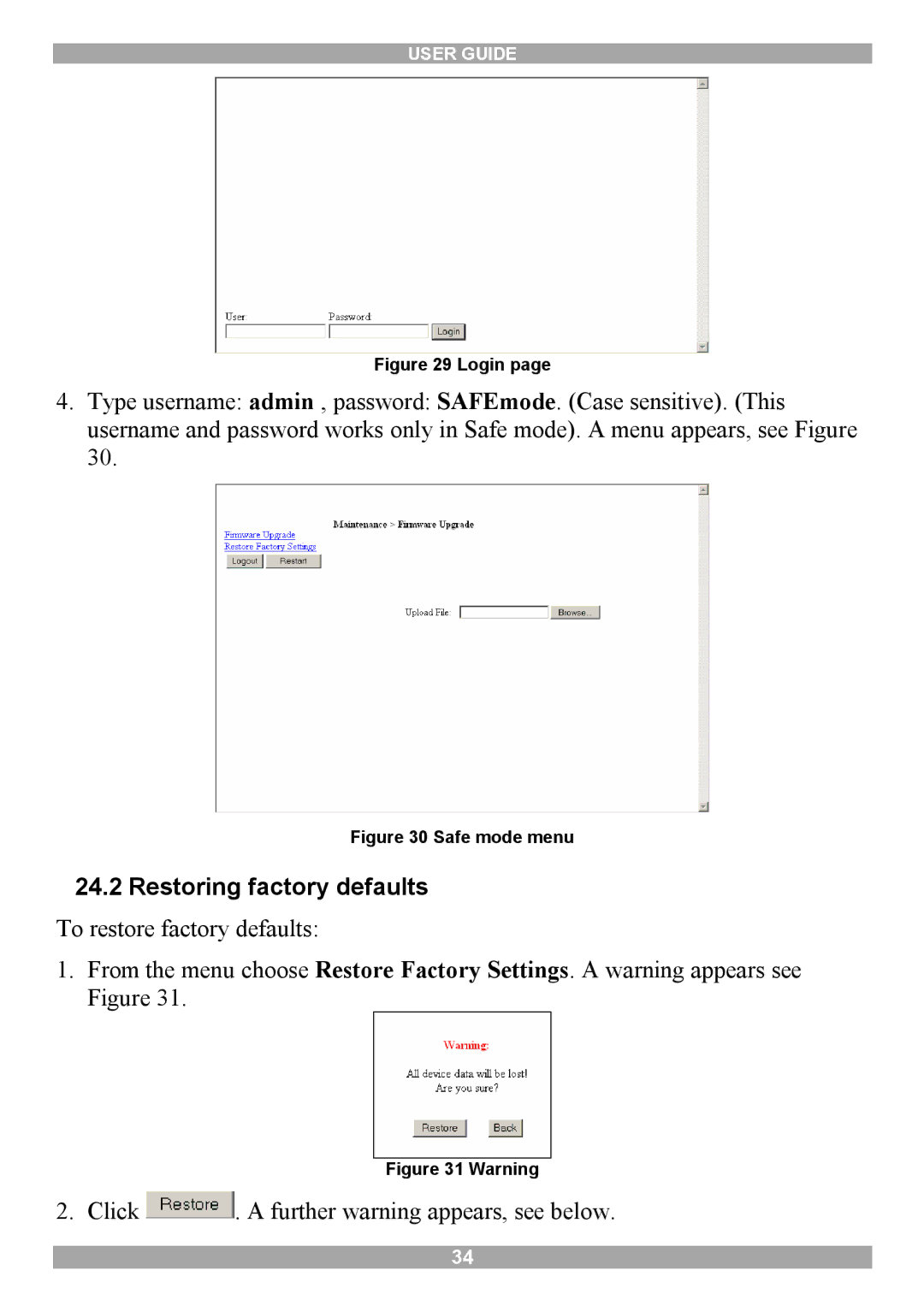 Minicom Advanced Systems 116 IP manual Restoring factory defaults, Safe mode menu 