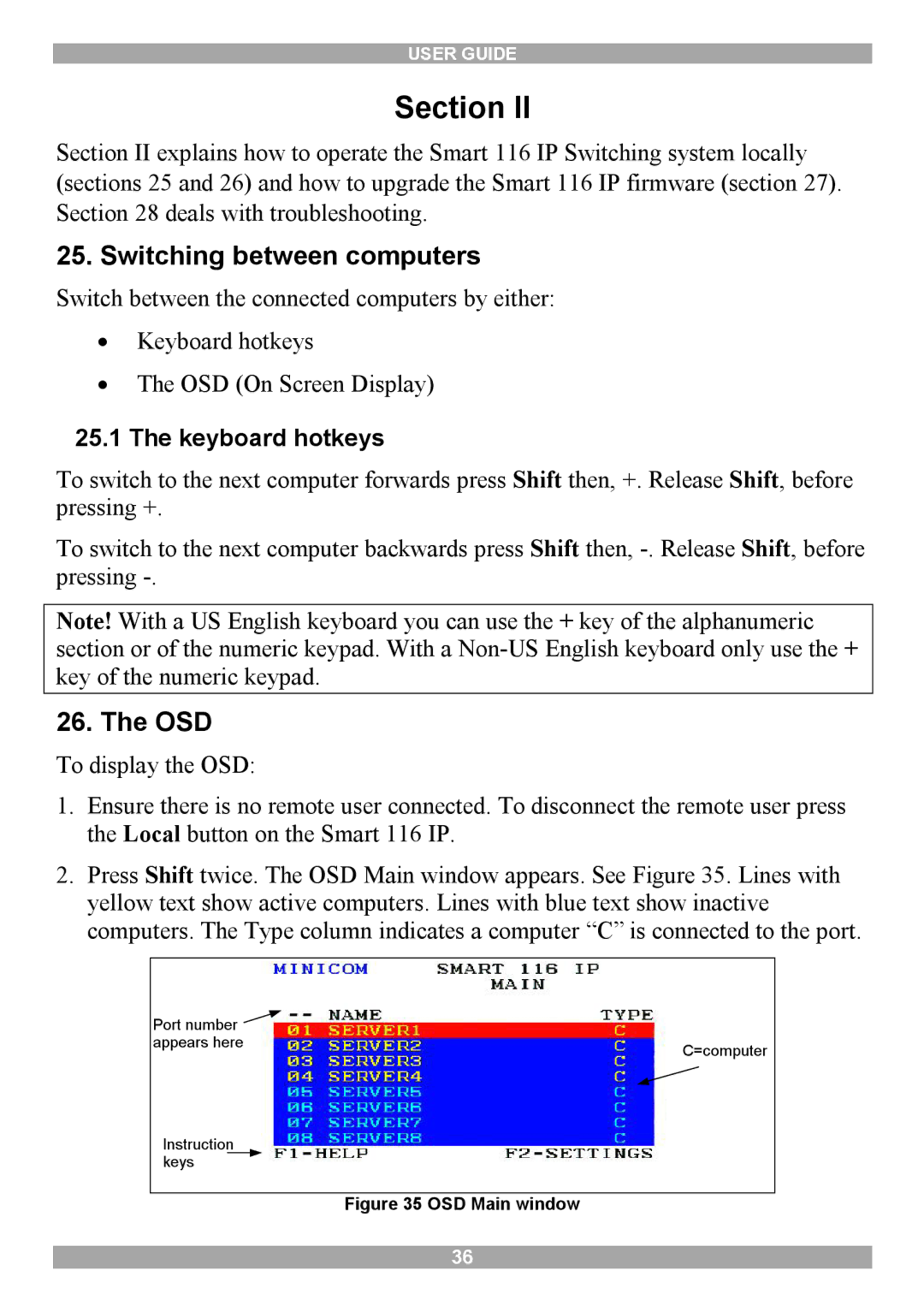 Minicom Advanced Systems 116 IP manual Switching between computers, Osd, Keyboard hotkeys 