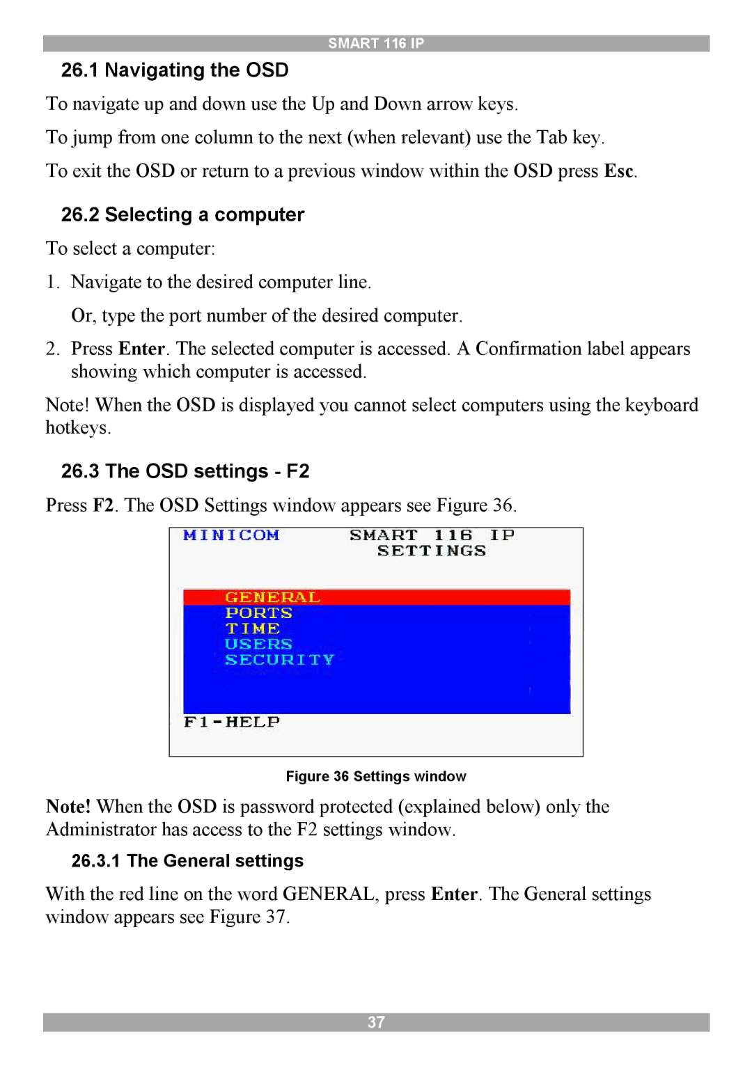 Minicom Advanced Systems 116 IP manual Navigating the OSD, Selecting a computer, OSD settings F2 