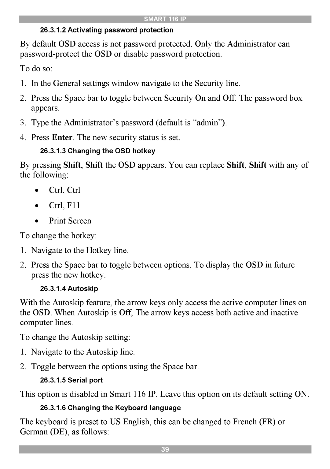 Minicom Advanced Systems 116 IP manual Activating password protection, Changing the OSD hotkey, Autoskip, Serial port 