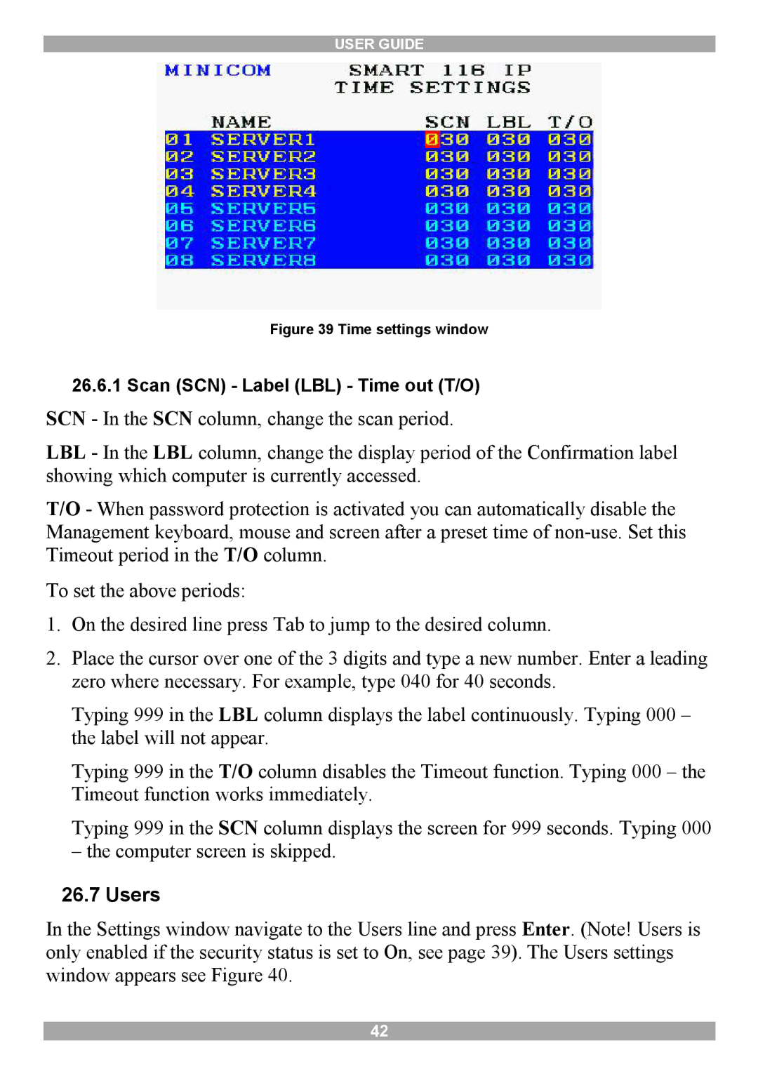 Minicom Advanced Systems 116 IP manual Users, Time settings window 