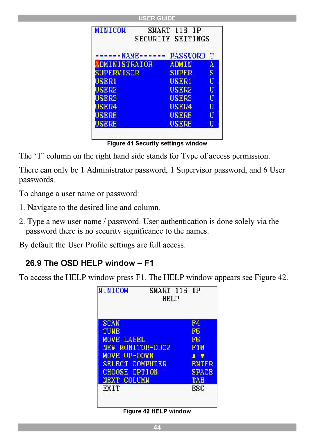 Minicom Advanced Systems 116 IP manual OSD Help window F1, Security settings window 