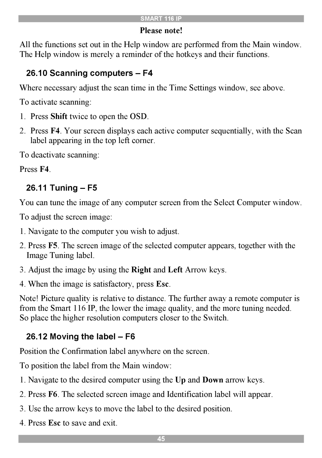 Minicom Advanced Systems 116 IP manual Please note, Scanning computers F4, Tuning F5, Moving the label F6 