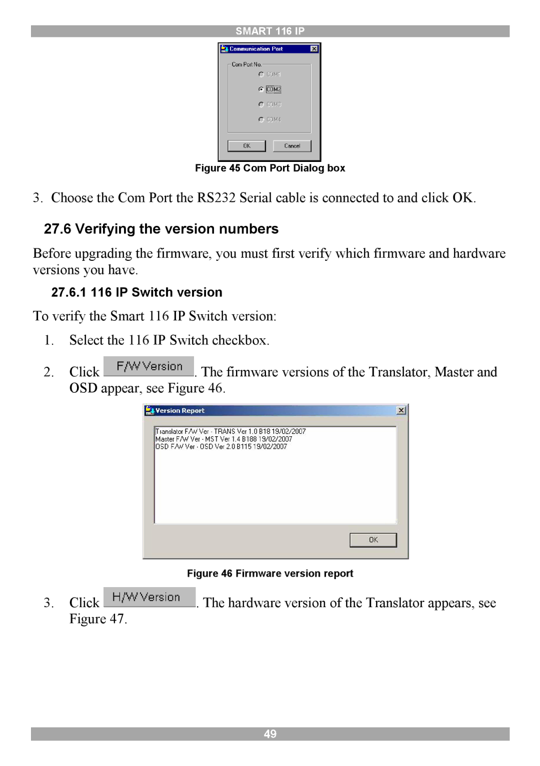 Minicom Advanced Systems 116 IP manual Verifying the version numbers, Com Port Dialog box 