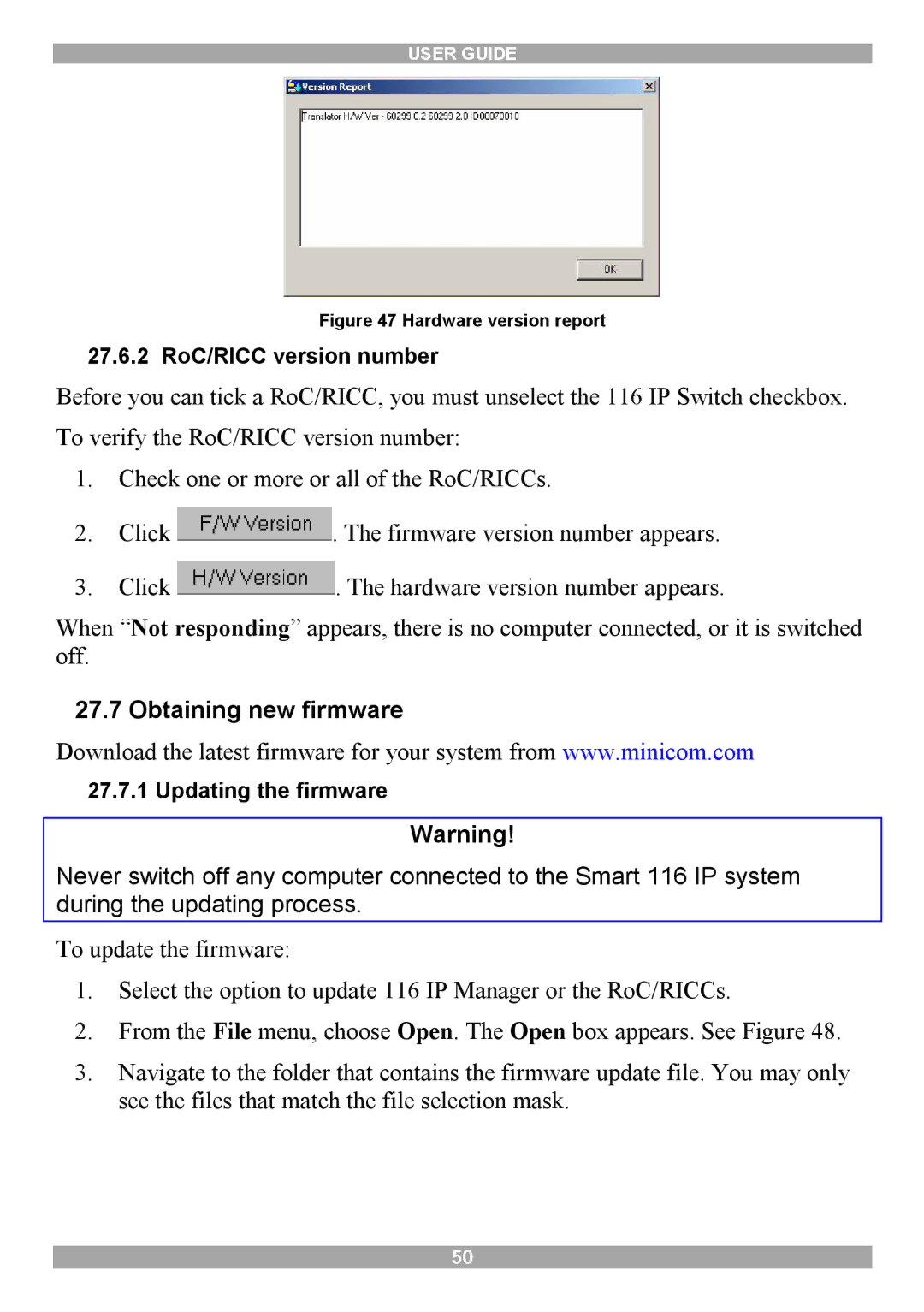 Minicom Advanced Systems 116 IP manual Obtaining new firmware, Hardware version report 