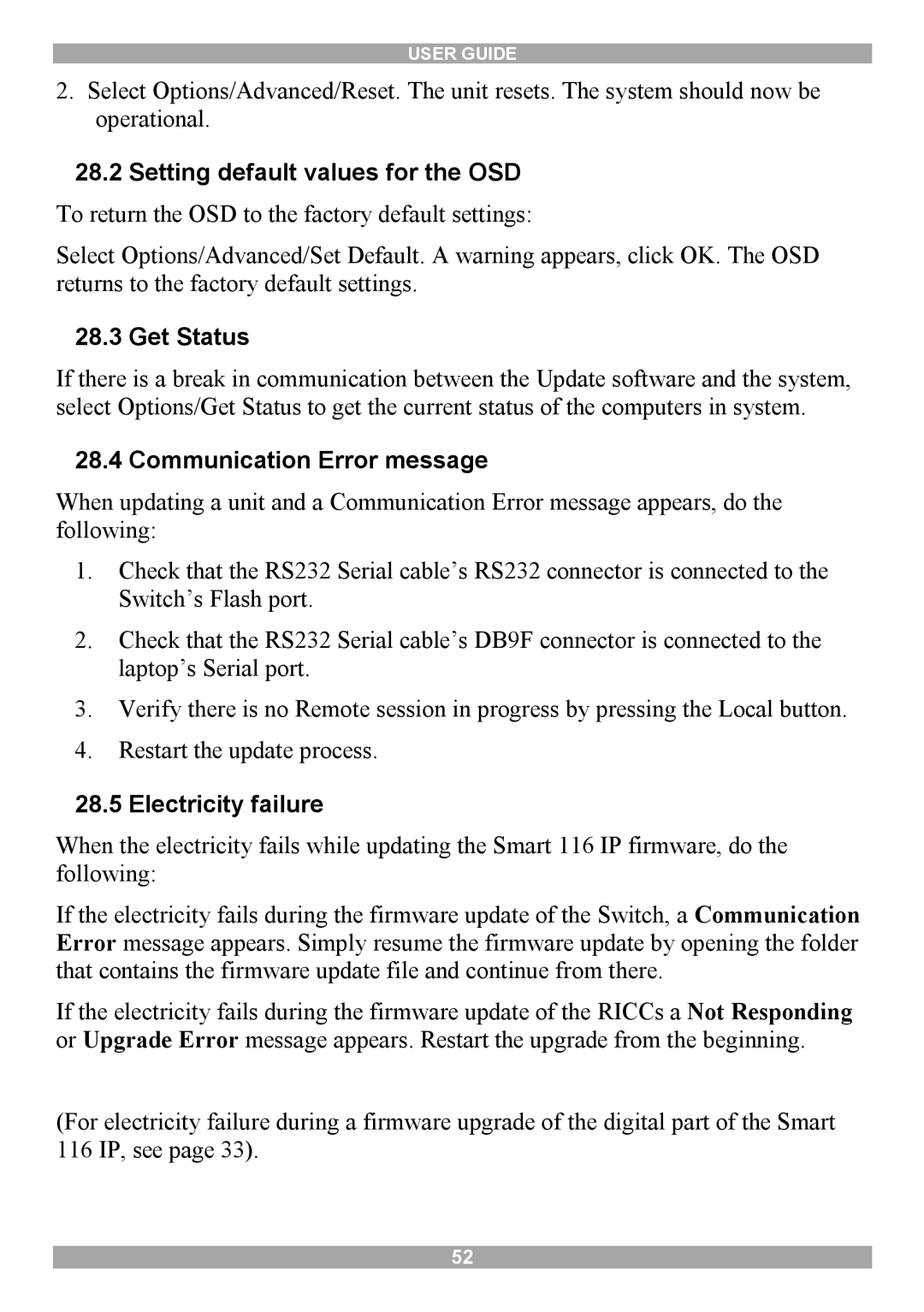 Minicom Advanced Systems 116 IP manual Setting default values for the OSD, Get Status, Communication Error message 