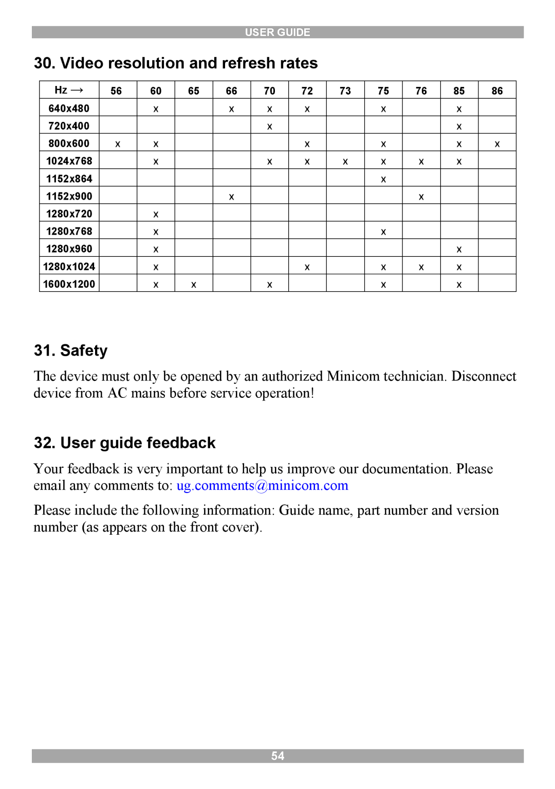 Minicom Advanced Systems 116 IP manual Video resolution and refresh rates, Safety, User guide feedback 