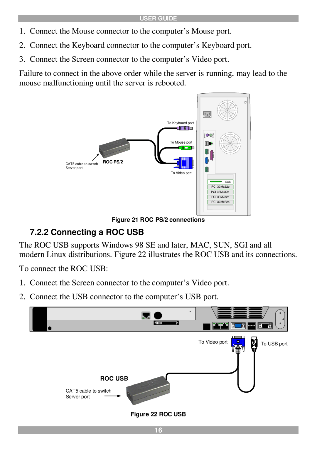 Minicom Advanced Systems 116 IP manual Connecting a ROC USB, ROC PS/2 connections 