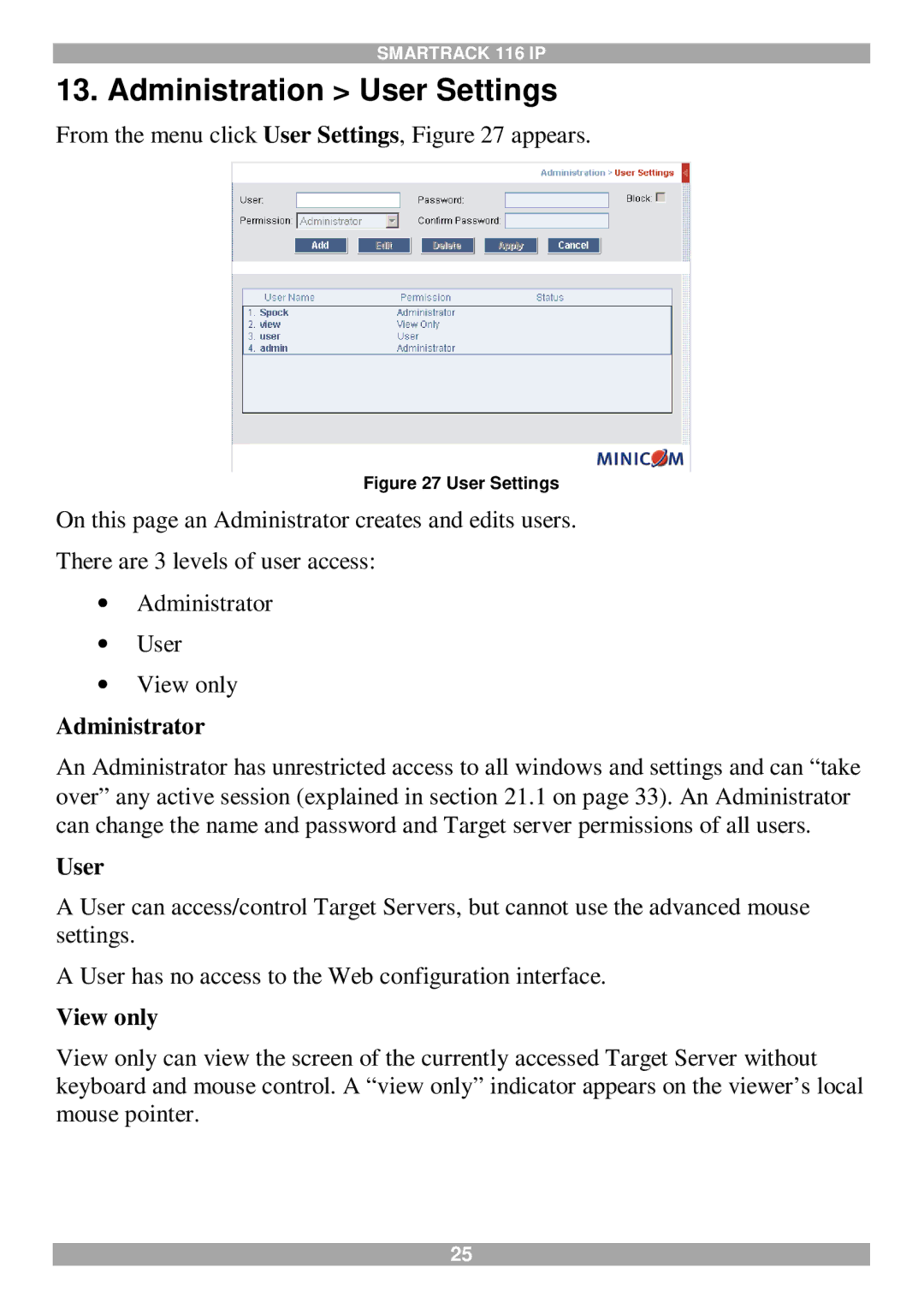 Minicom Advanced Systems 116 IP manual Administration User Settings, Administrator 