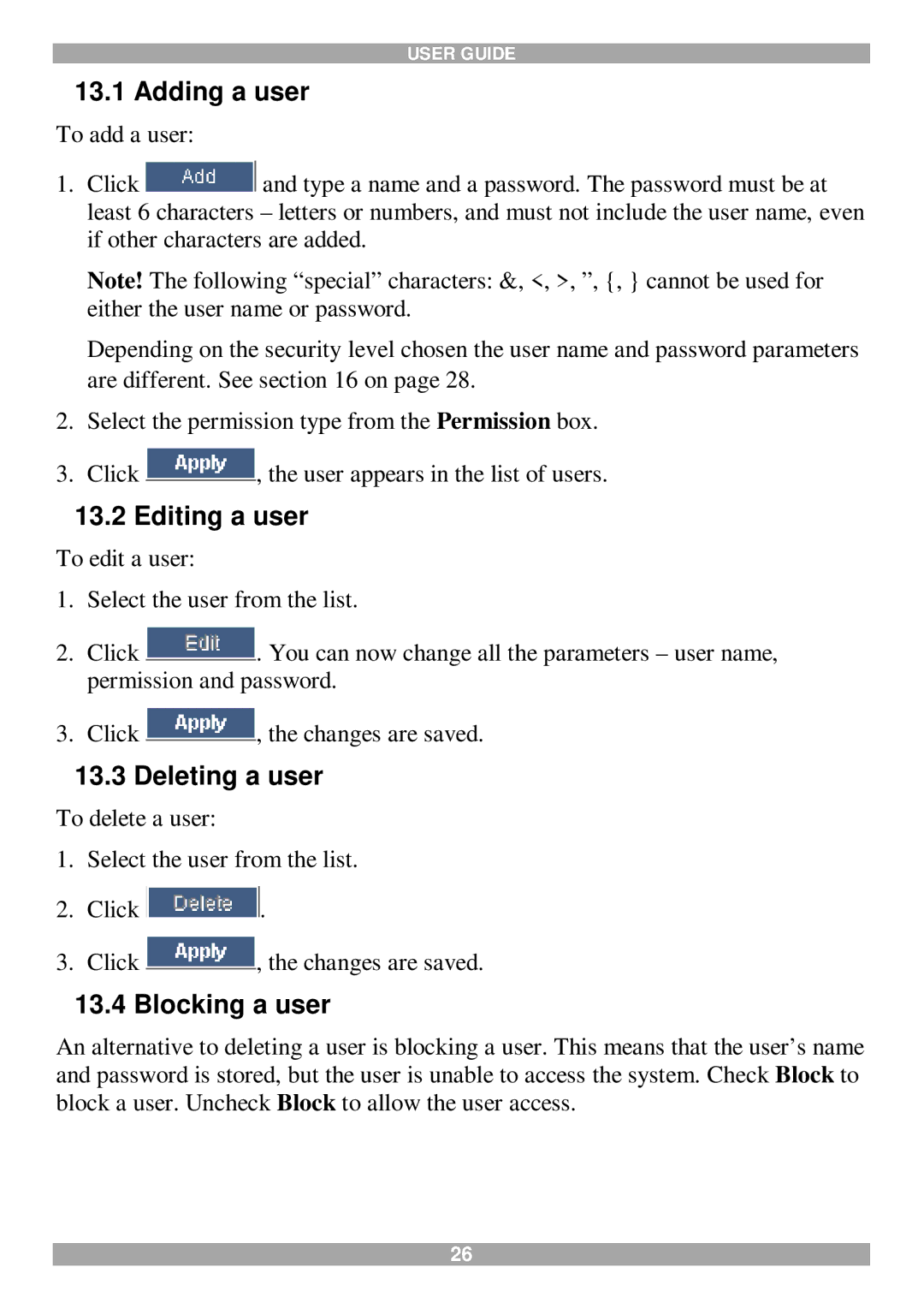 Minicom Advanced Systems 116 IP manual Adding a user, Editing a user, Deleting a user, Blocking a user 