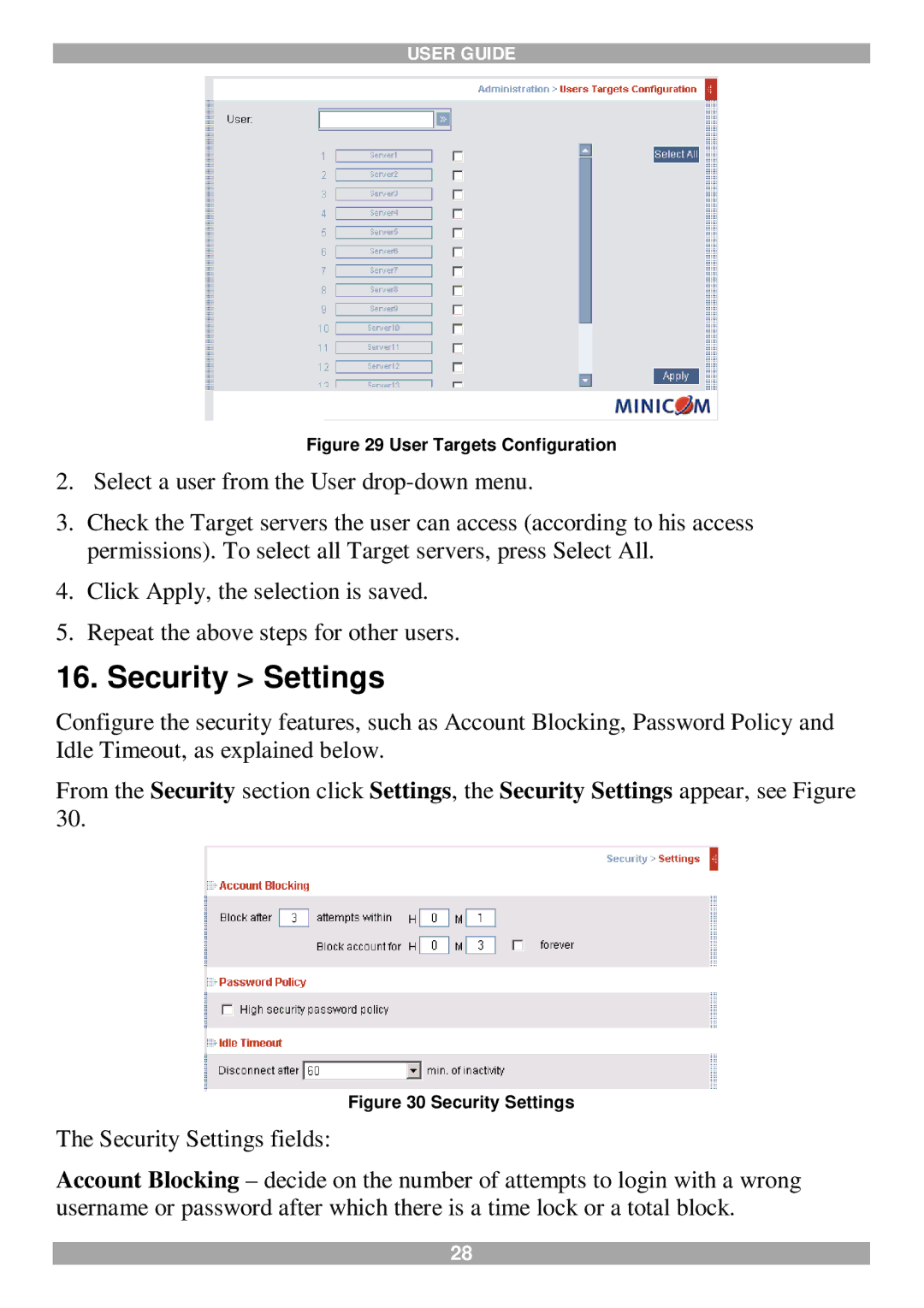 Minicom Advanced Systems 116 IP manual Security Settings, User Targets Configuration 