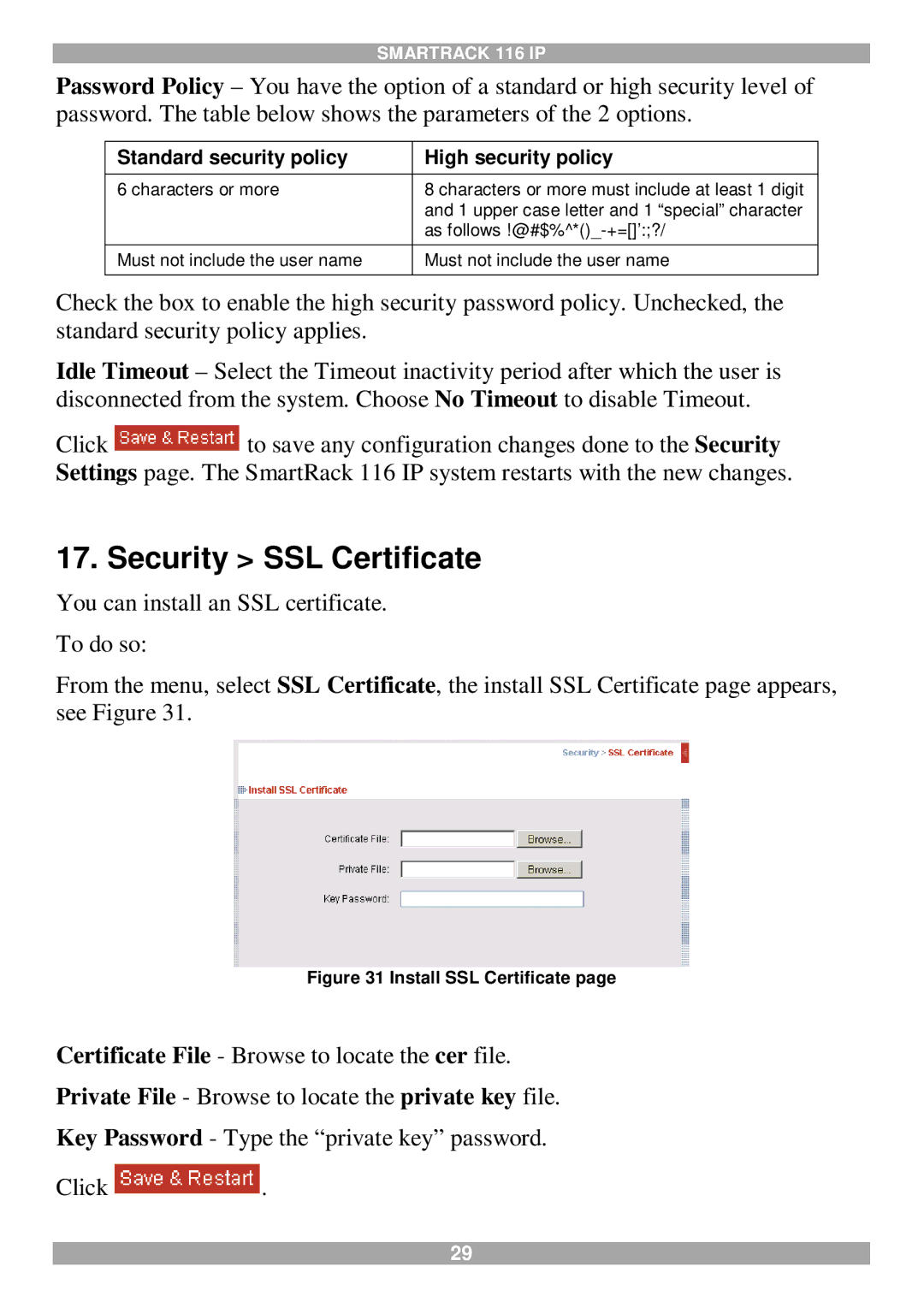 Minicom Advanced Systems 116 IP manual Security SSL Certificate, Standard security policy High security policy 