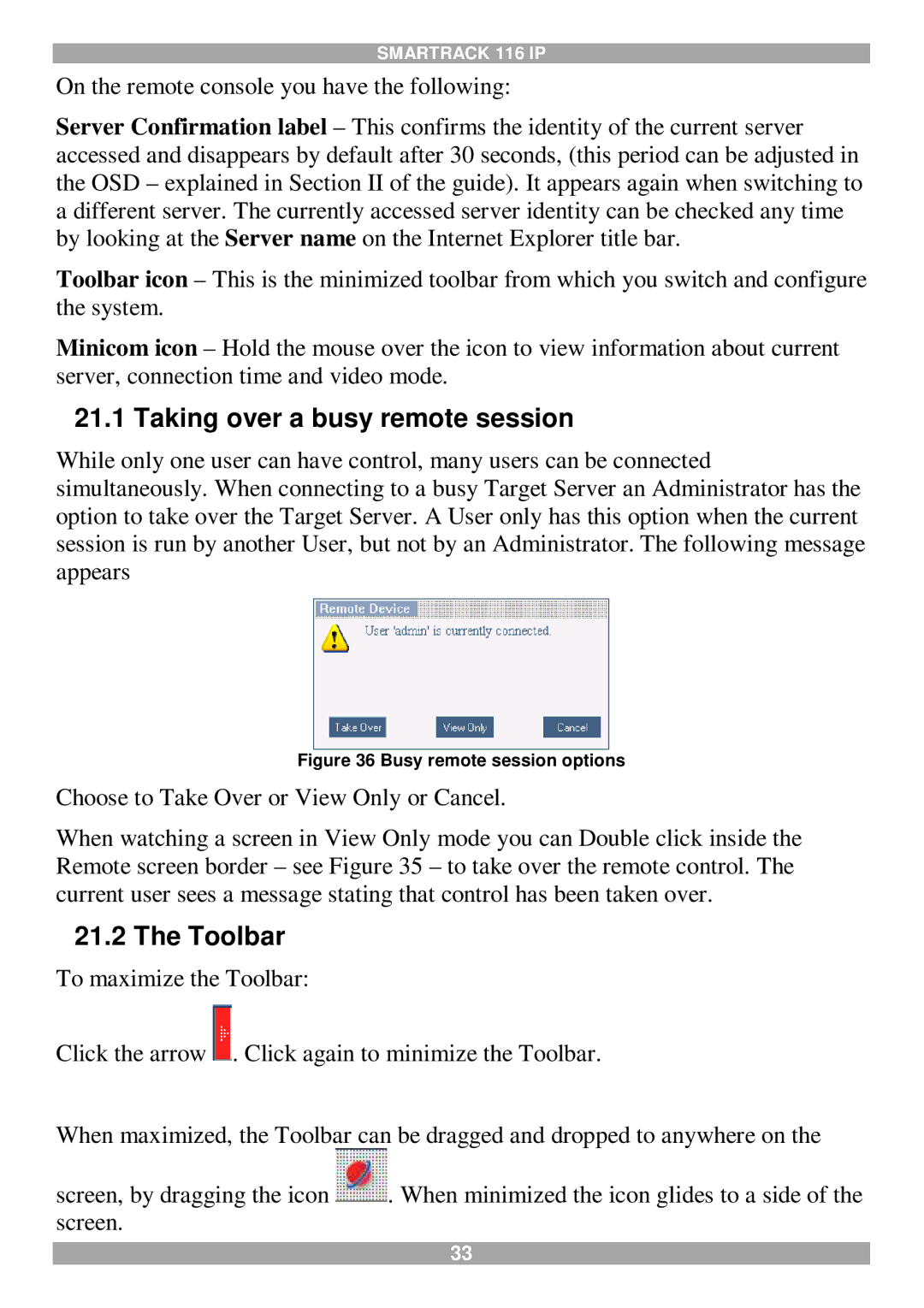 Minicom Advanced Systems 116 IP manual Taking over a busy remote session, Toolbar 