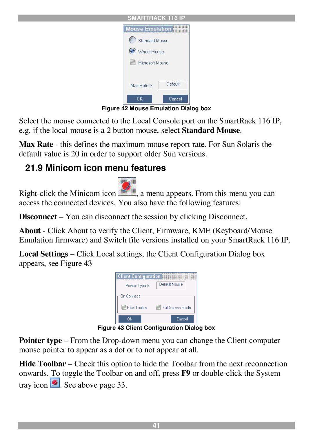 Minicom Advanced Systems 116 IP manual Minicom icon menu features, Mouse Emulation Dialog box 