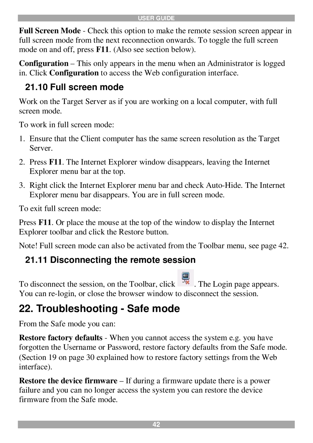 Minicom Advanced Systems 116 IP manual Troubleshooting Safe mode, Full screen mode, Disconnecting the remote session 