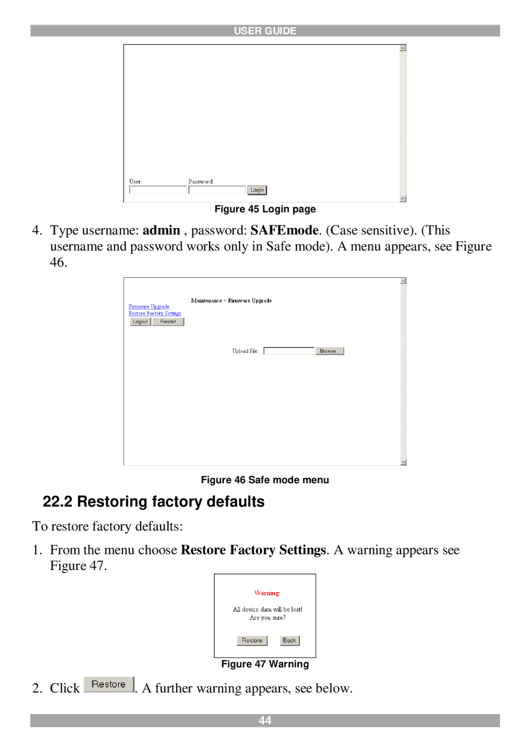 Minicom Advanced Systems 116 IP manual Restoring factory defaults, Safe mode menu 