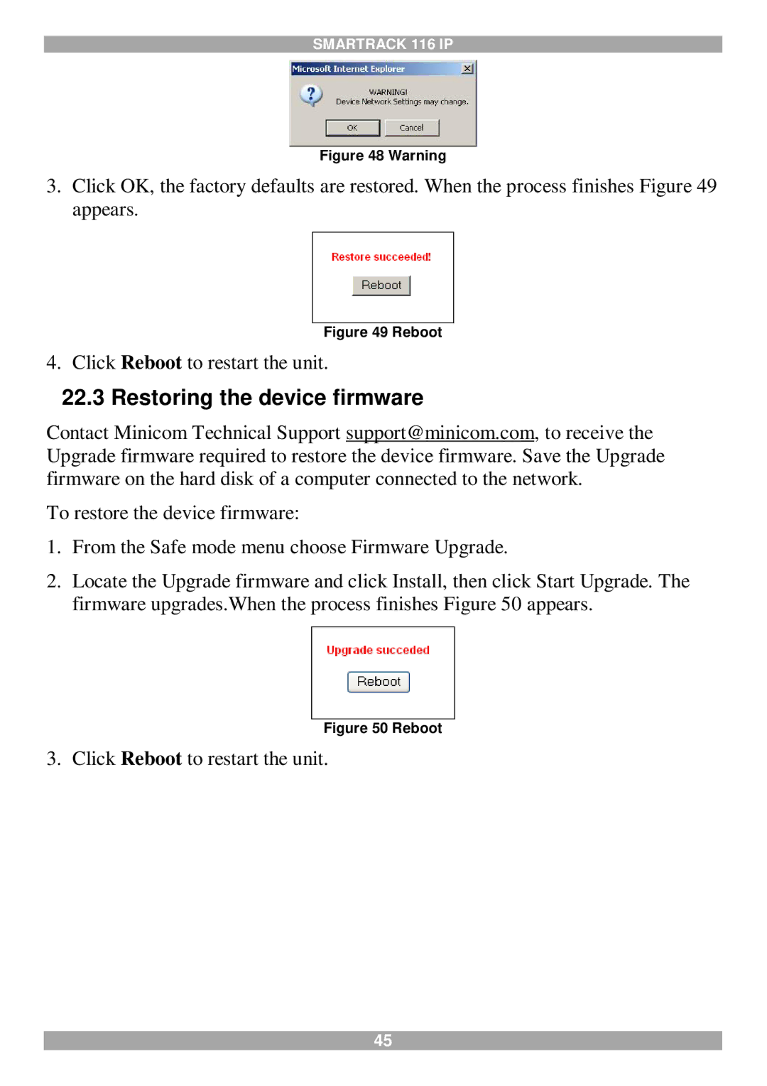 Minicom Advanced Systems 116 IP manual Restoring the device firmware, Reboot 