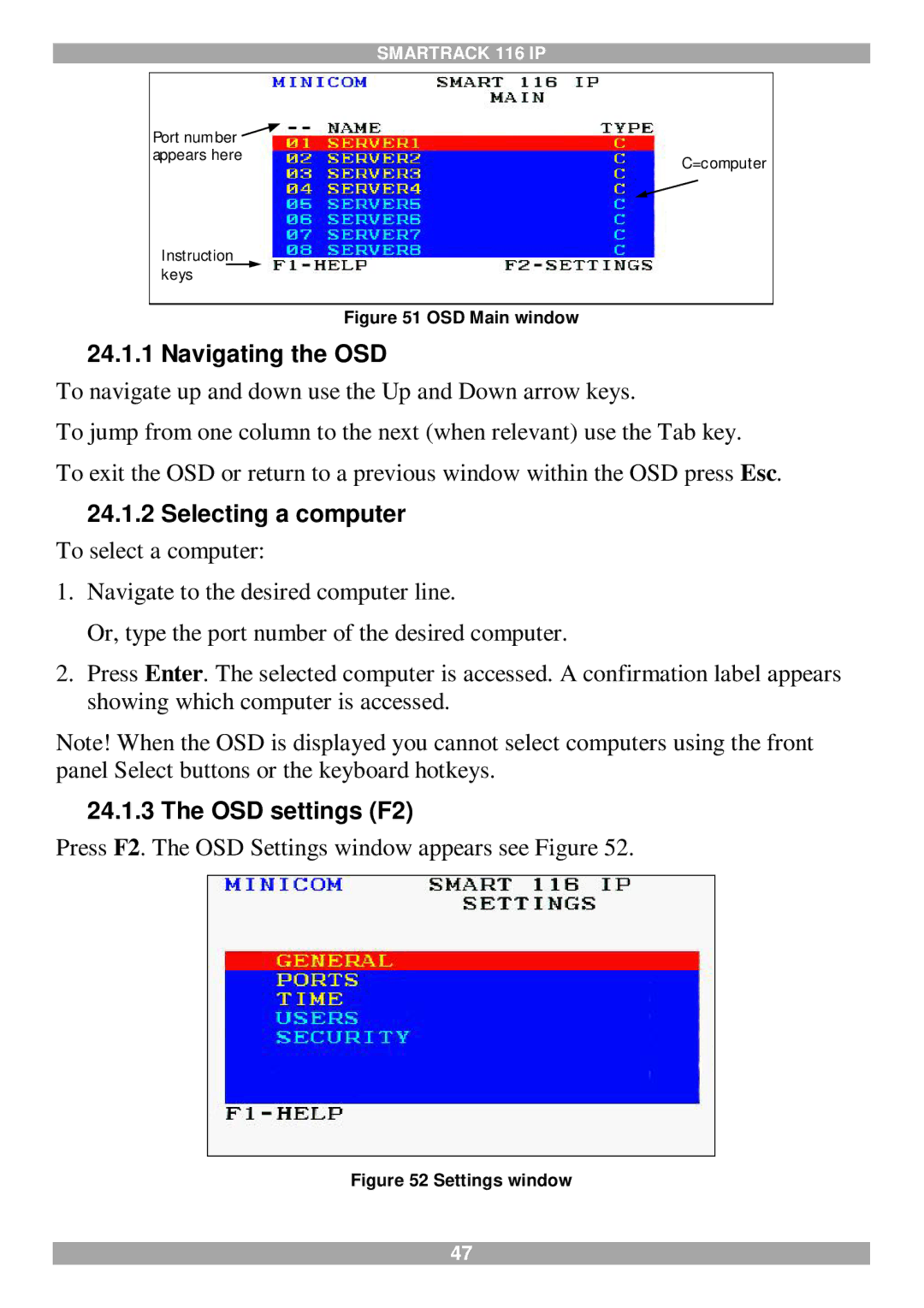 Minicom Advanced Systems 116 IP manual Navigating the OSD, Selecting a computer, OSD settings F2 