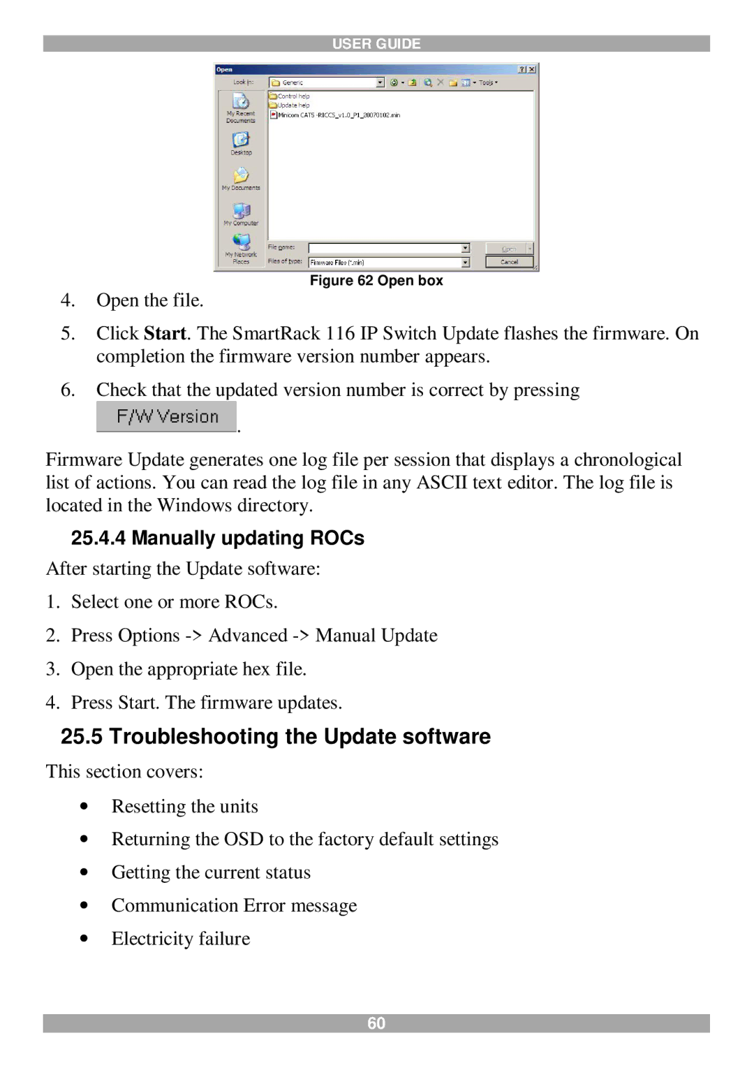 Minicom Advanced Systems 116 IP manual Troubleshooting the Update software, Manually updating ROCs 