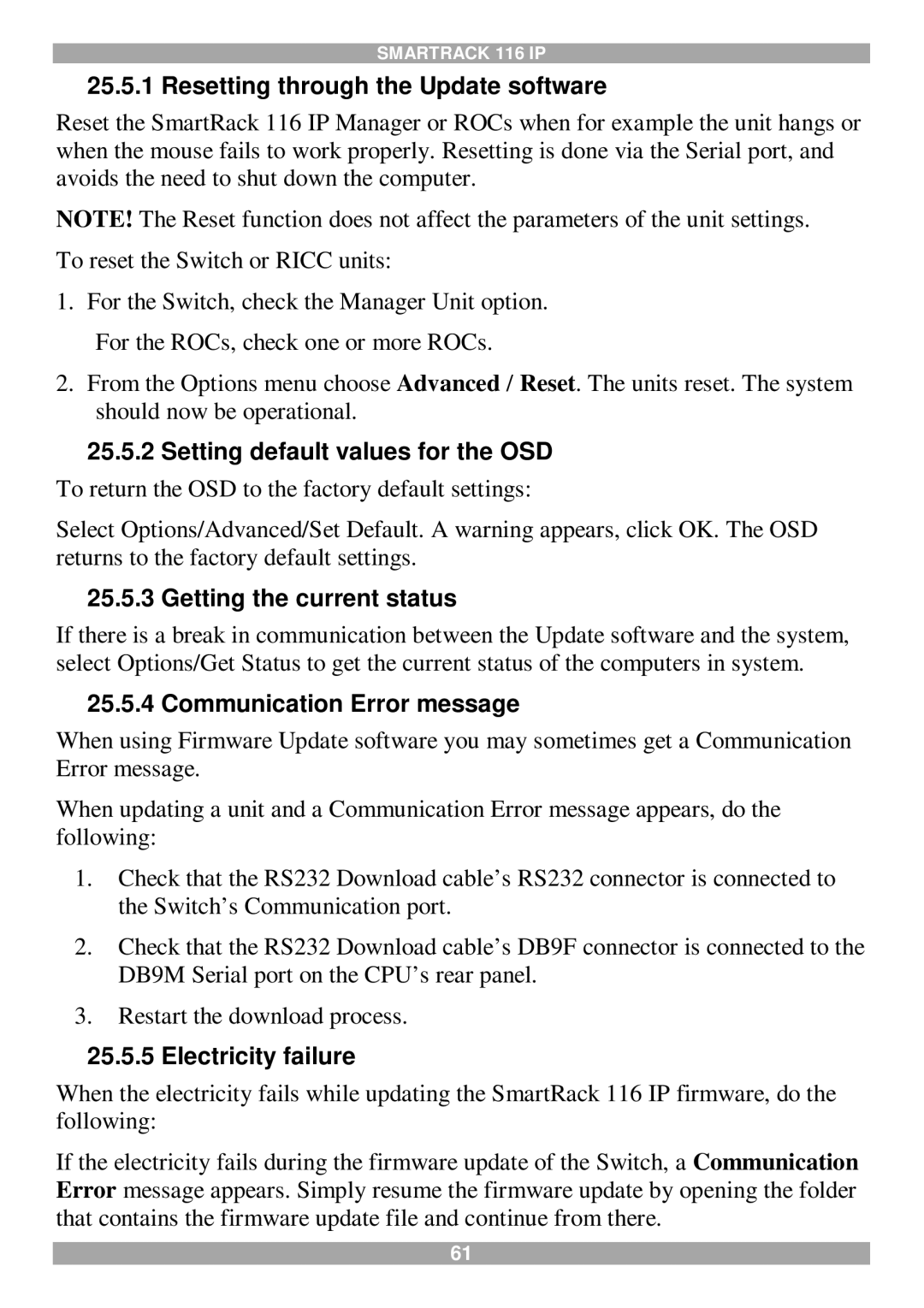 Minicom Advanced Systems 116 IP manual Resetting through the Update software, Setting default values for the OSD 