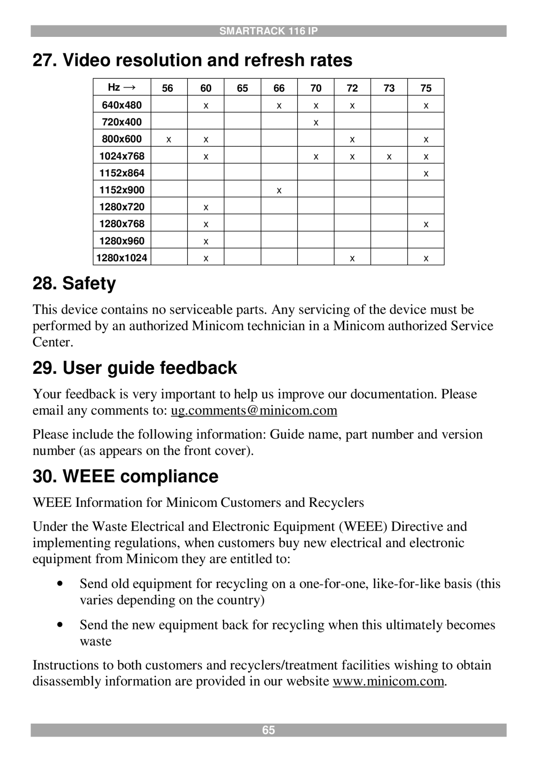 Minicom Advanced Systems 116 IP manual Video resolution and refresh rates, Safety, User guide feedback, Weee compliance 