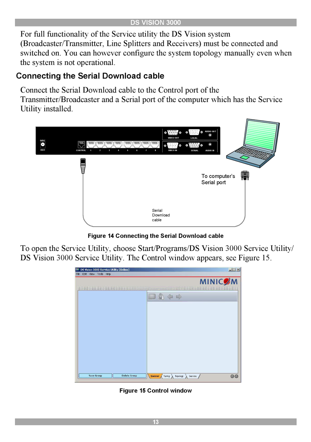 Minicom Advanced Systems 3000 manual Connecting the Serial Download cable 