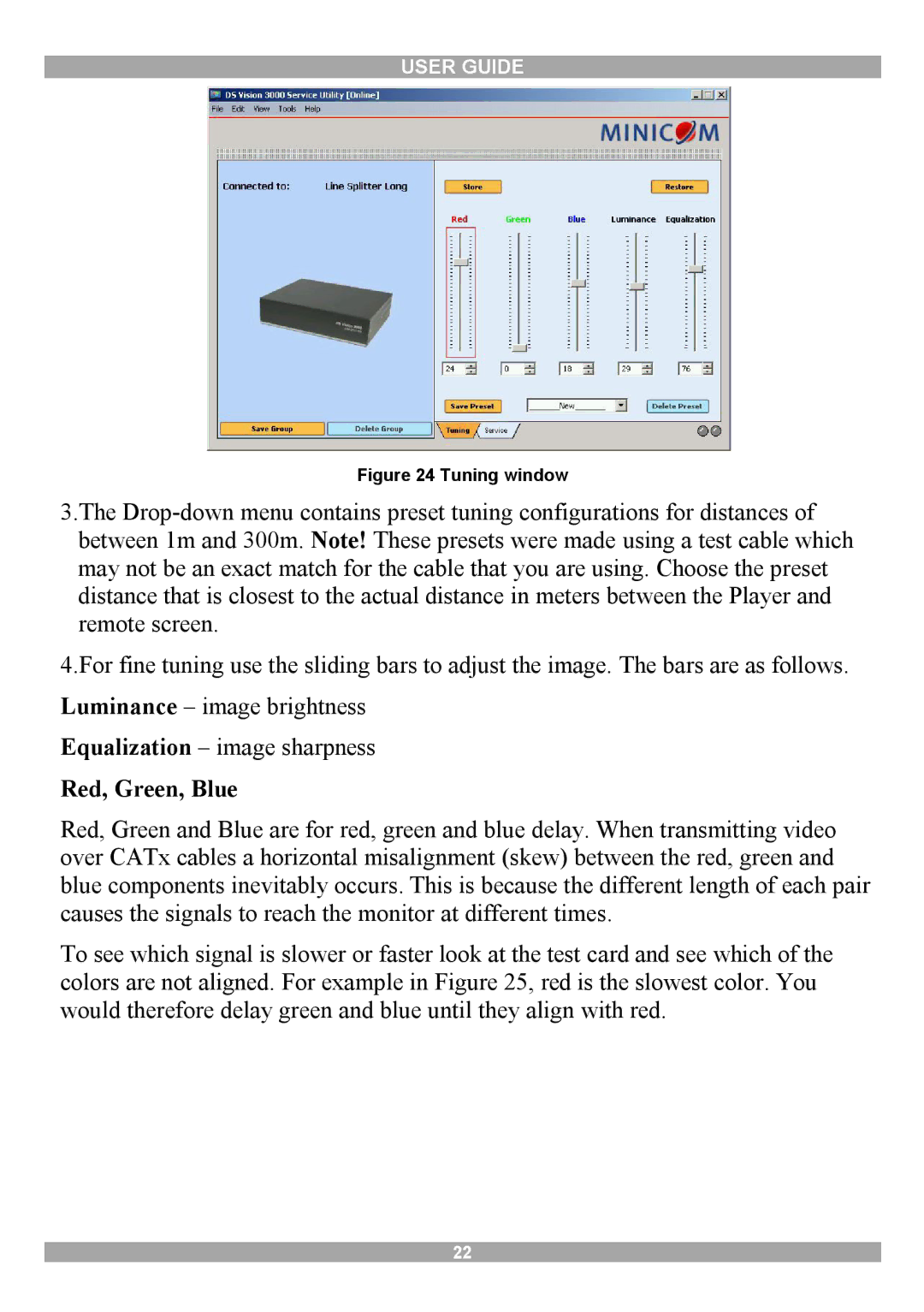 Minicom Advanced Systems 3000 manual Red, Green, Blue, Tuning window 