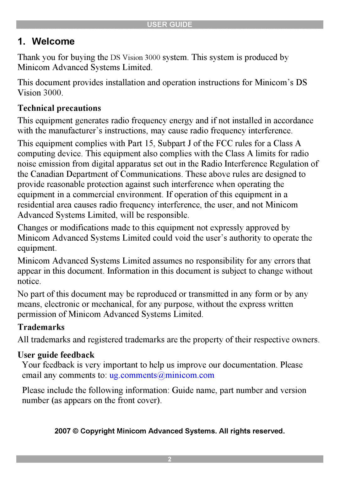 Minicom Advanced Systems 3000 manual Welcome, Technical precautions, Trademarks, User guide feedback 