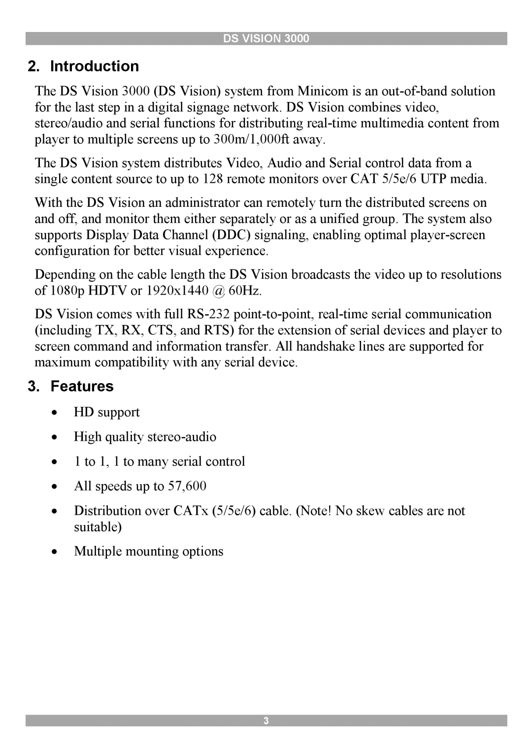 Minicom Advanced Systems 3000 manual Introduction, Features 