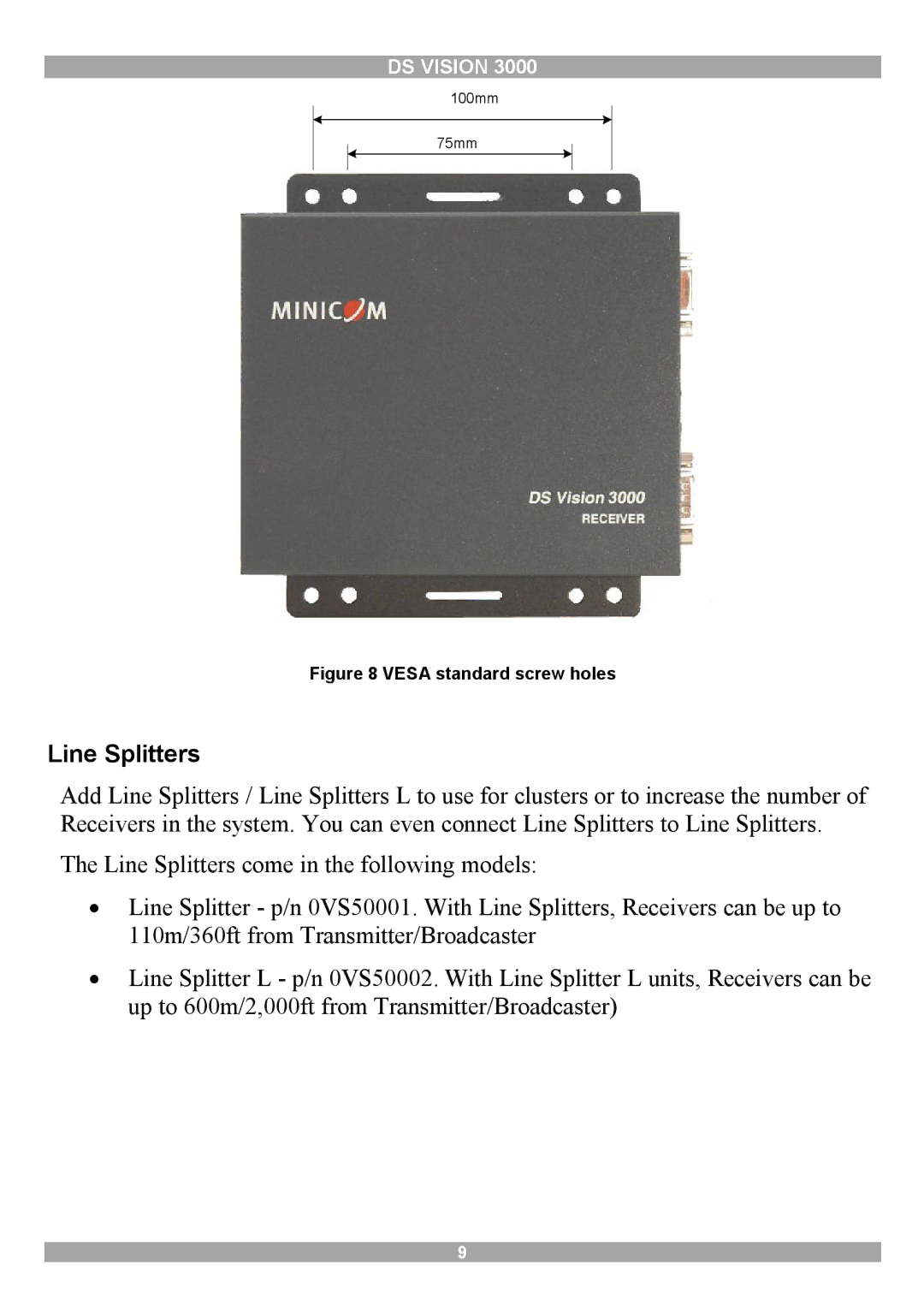 Minicom Advanced Systems 3000 manual Line Splitters, Vesa standard screw holes 