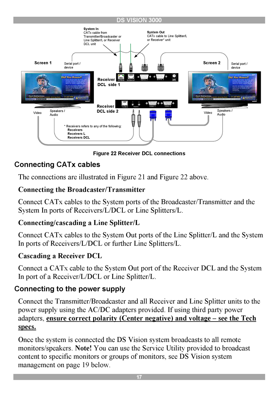 Minicom Advanced Systems 3000 Connecting CATx cables, Connecting the Broadcaster/Transmitter, Cascading a Receiver DCL 