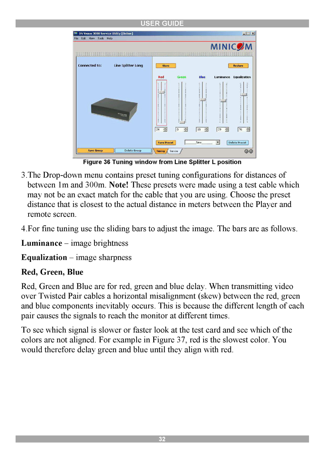 Minicom Advanced Systems 3000 manual Red, Green, Blue, Tuning window from Line Splitter L position 